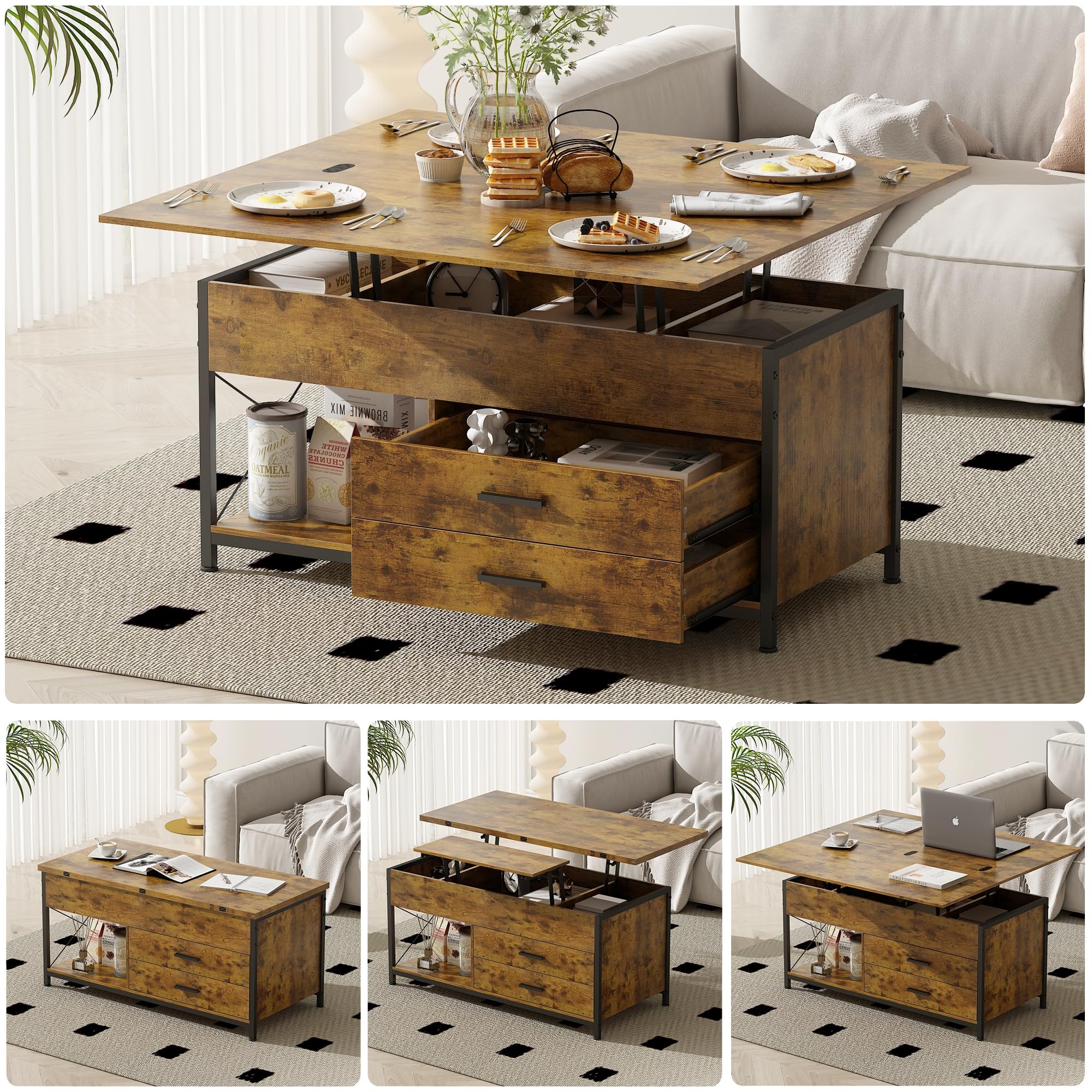 wanan42" Lift Top Coffee Table, 4 in 1 Multi-Function Coffee Tables with Open Shelf and 2 Drawers, Coffee Table for Living Room, Dining Reception Room, Home Office