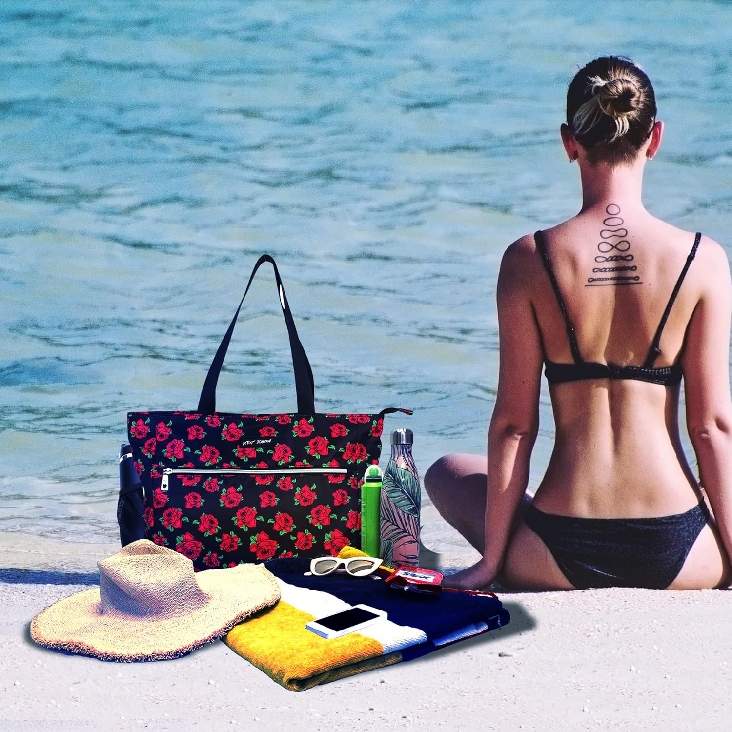 Betsey Johnson 15.6 Inch Zipper Beach Tote Bag Lightweight Large Durable Polyester with Mesh Side Pockets for Gym Work | 15.6 Inch, Zipper, Lightweight, Large, Durable, Mesh Side Pockets - Image 2