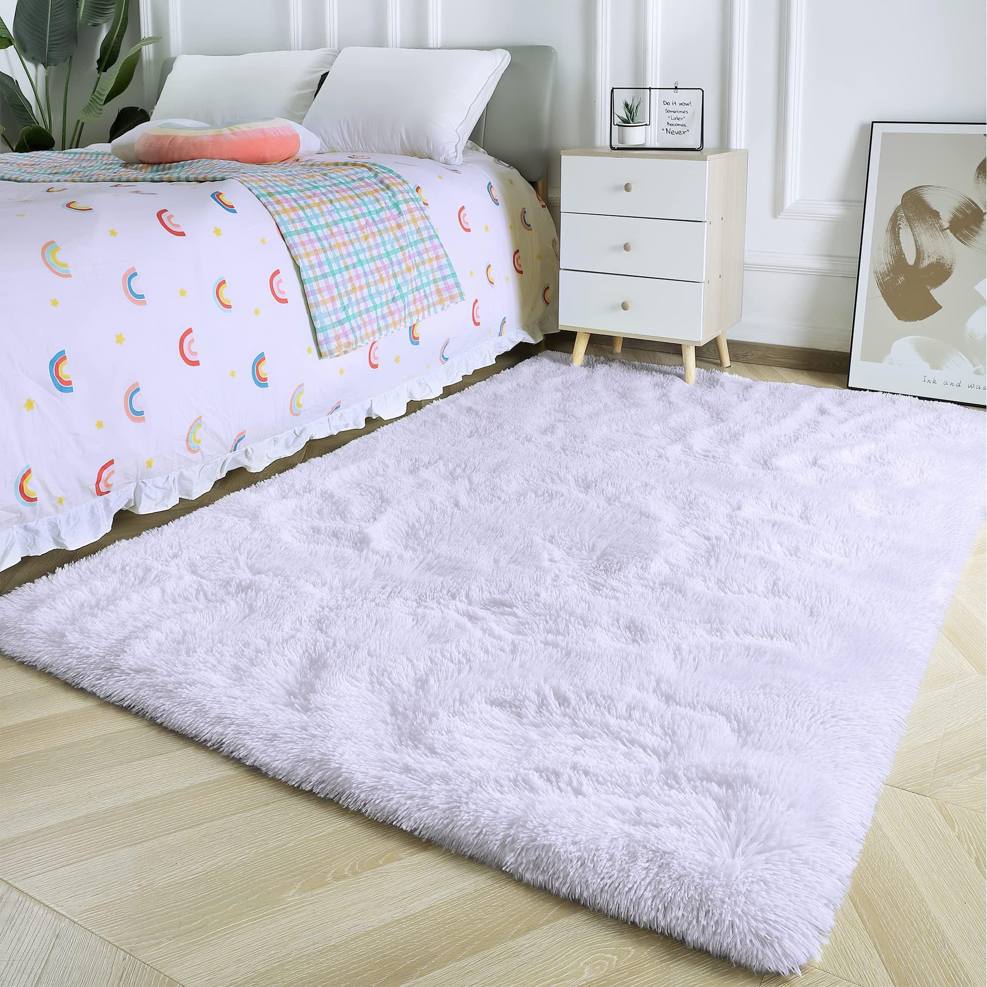Deep-Pile Rug Living Room Super Soft Shaggy Rug Fluffy Soft Area Rug Bedroom Rugs Super Soft Fluffy Children's Mat, Pure White, 120 x 160 cm