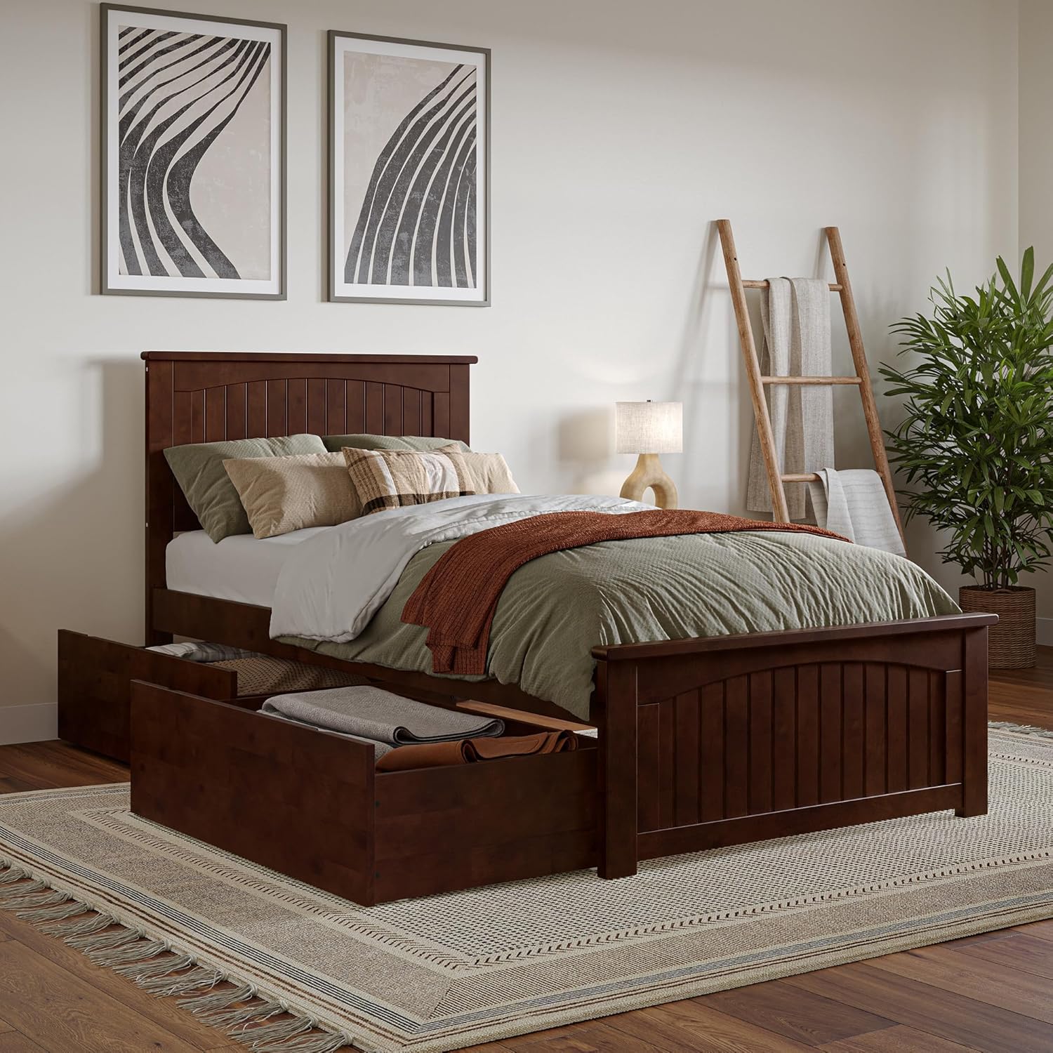 AFI, Nantucket Twin XL Platform Bed with Matching Footboard and Storage Drawers, Walnut