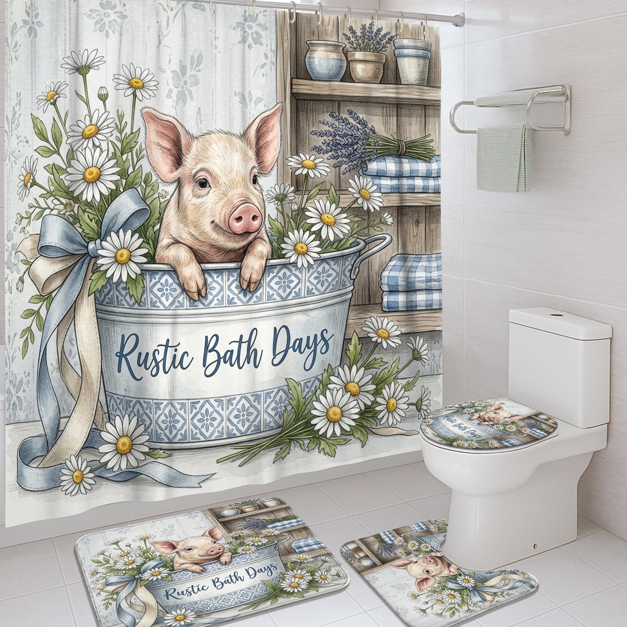 Tapis et rideau de douche cochon lavable pour éliminer l'eau au sol