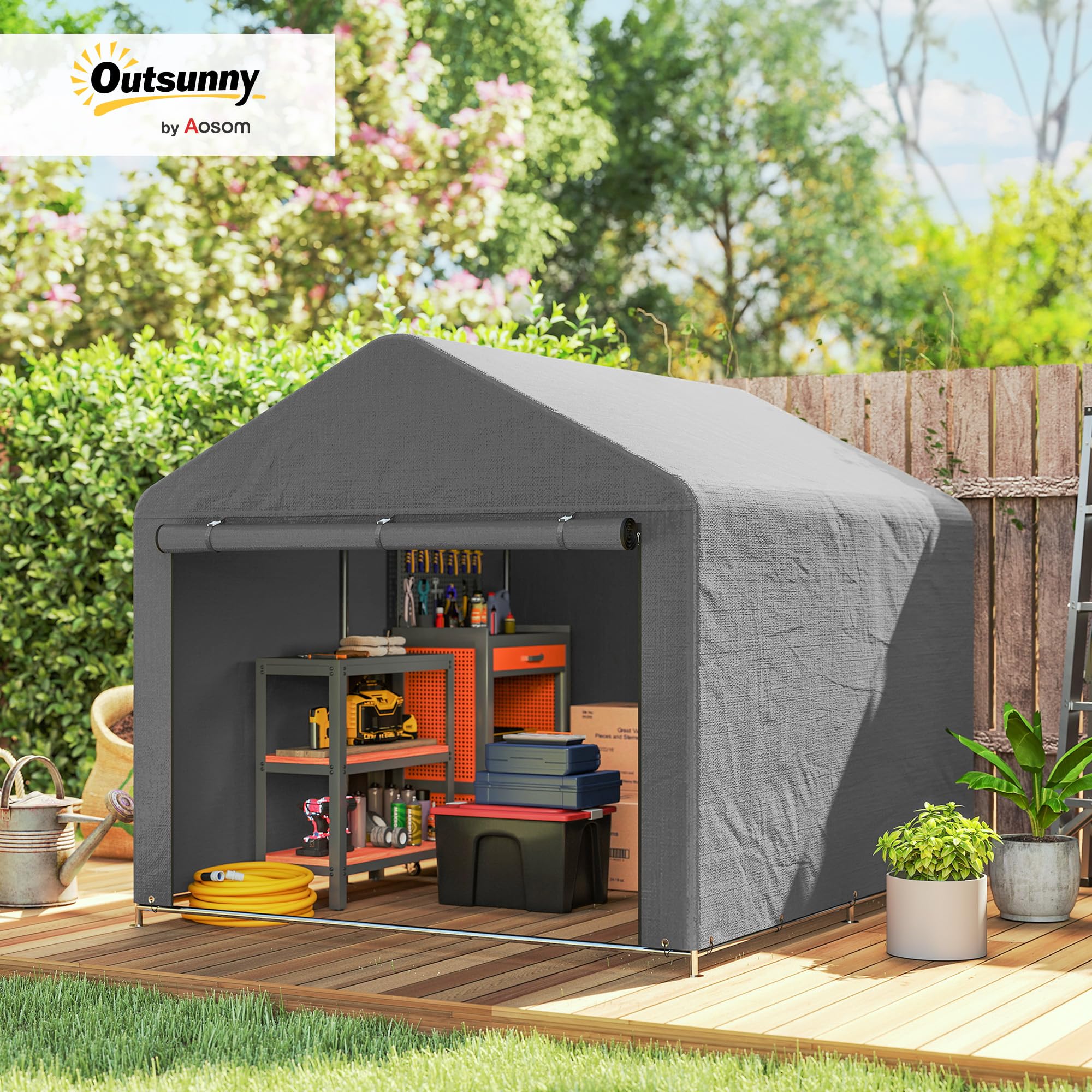 Outsunny 2x2.4 m Garage Moto per Esterno, Tenda Garage con Copertura Impermeabile, Porta Avvolgibile a Cerniera, per Biciclette e Attrezzi in Acciaio Zincato, da Giardino, Grigio Chiaro