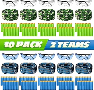 Party Supplies Compatible for Nerf - 10 Kids Pack Boys Birthday Party Guns War Decorations,Face Mask Glasses 200 Foam Bullets Darts for Two Teams Toy for Kids Boys Girls