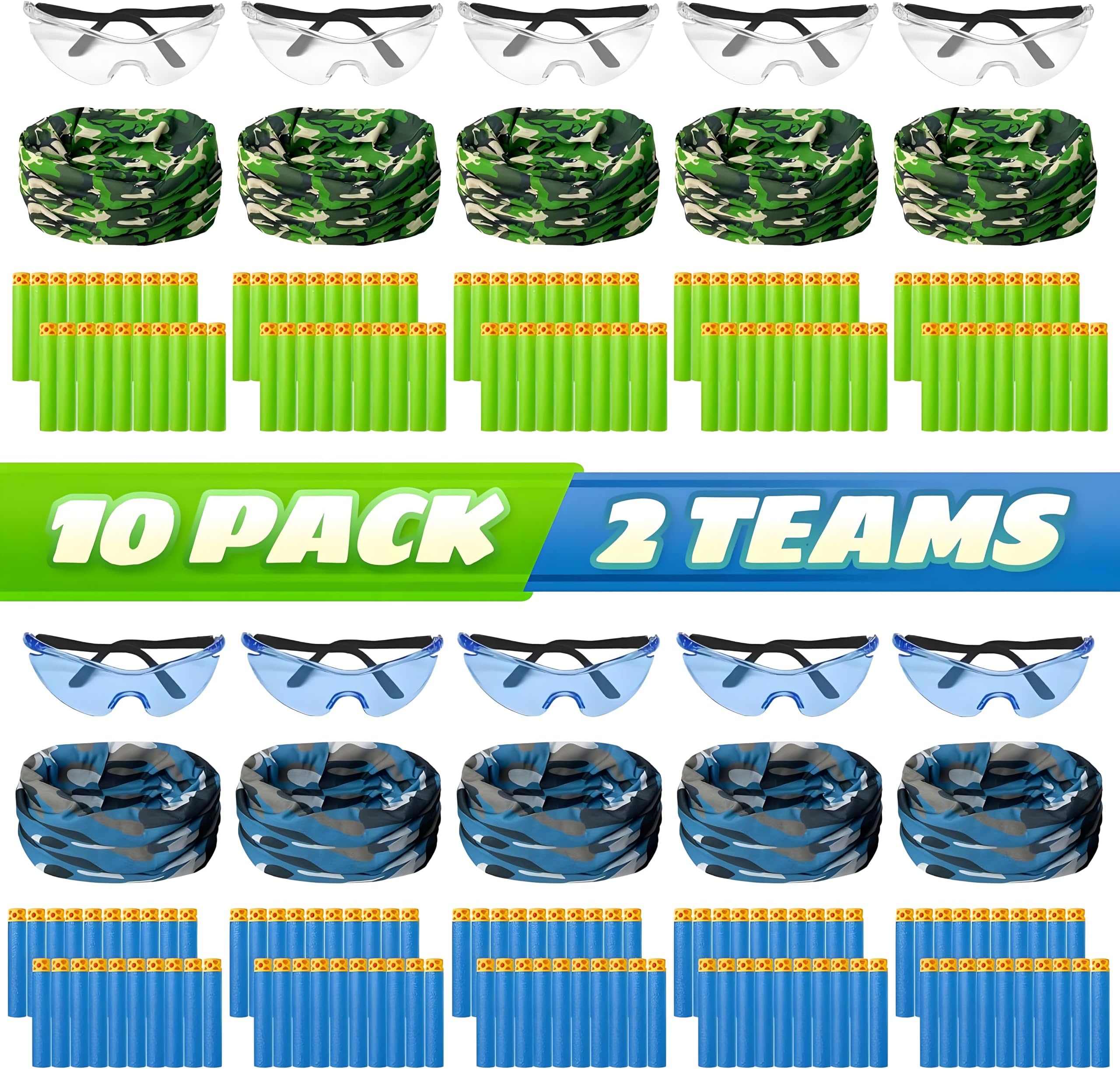 Party Supplies Compatible for Nerf - 10 Kids Pack Boys Birthday Party Guns War Decorations,Face Mask Glasses 200 Foam Bullets Darts for Two Teams Toy for Kids Boys Girls