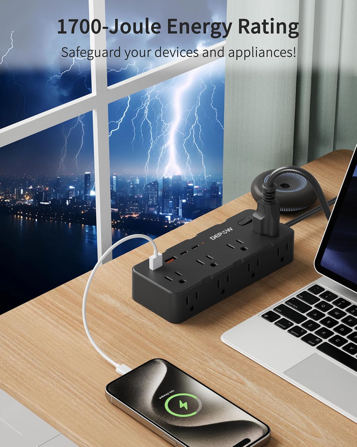 DEPOW 2 Prong Power Strip, 10 FT Extension Cord, 2 to 3 Prong Outlet Adapter with 8 AC & 4 USB Ports (2 USB C), 1700J Two Prong Surge Protector, Wall Mountable, Ideal for Old House (Black)