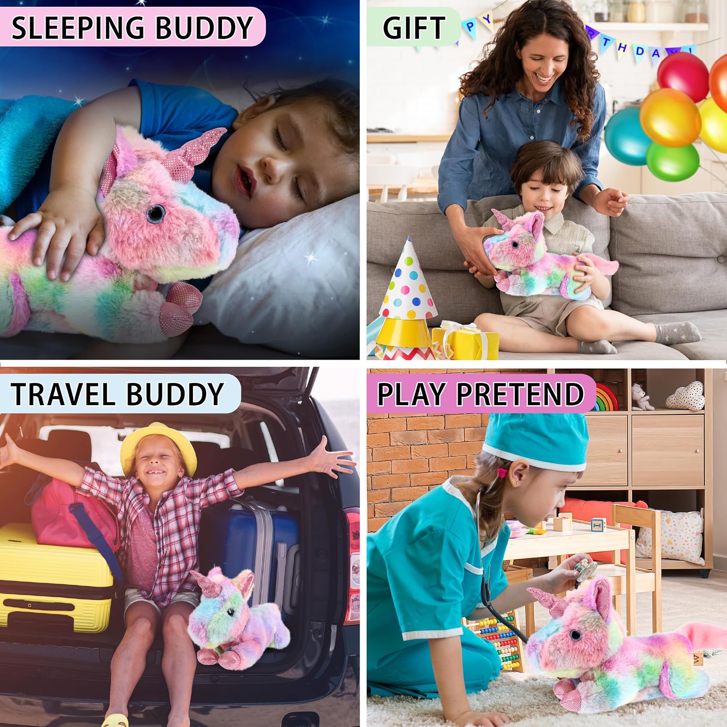 DolliBu Plush Sunday Rainbow Unicorn Stuffed Animal - Soft Huggable Lying Unicorn, Playtime Plush Toy, Cute Animal Cuddle Gifts for Kids & Adults - 10.5 Inches