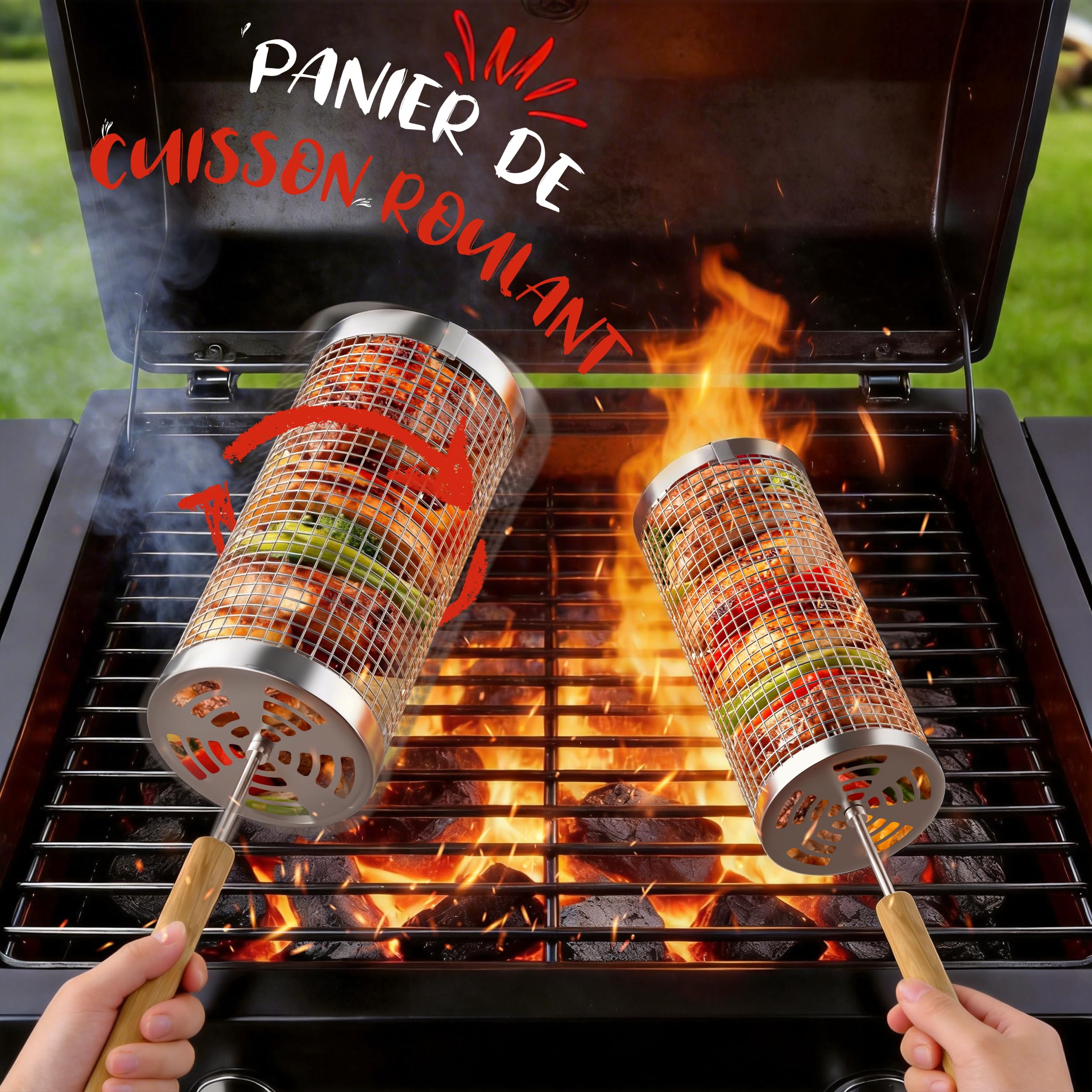 Panier à Barbecue Roulant, 2 Pièces, Acier Inoxydable 304, Poignée Bois Détachable, Accessoire Barbecue, Ustensiles de Cuisine Extérieur Camping, Cadeau Anniversaire Homme Papa Original Utile