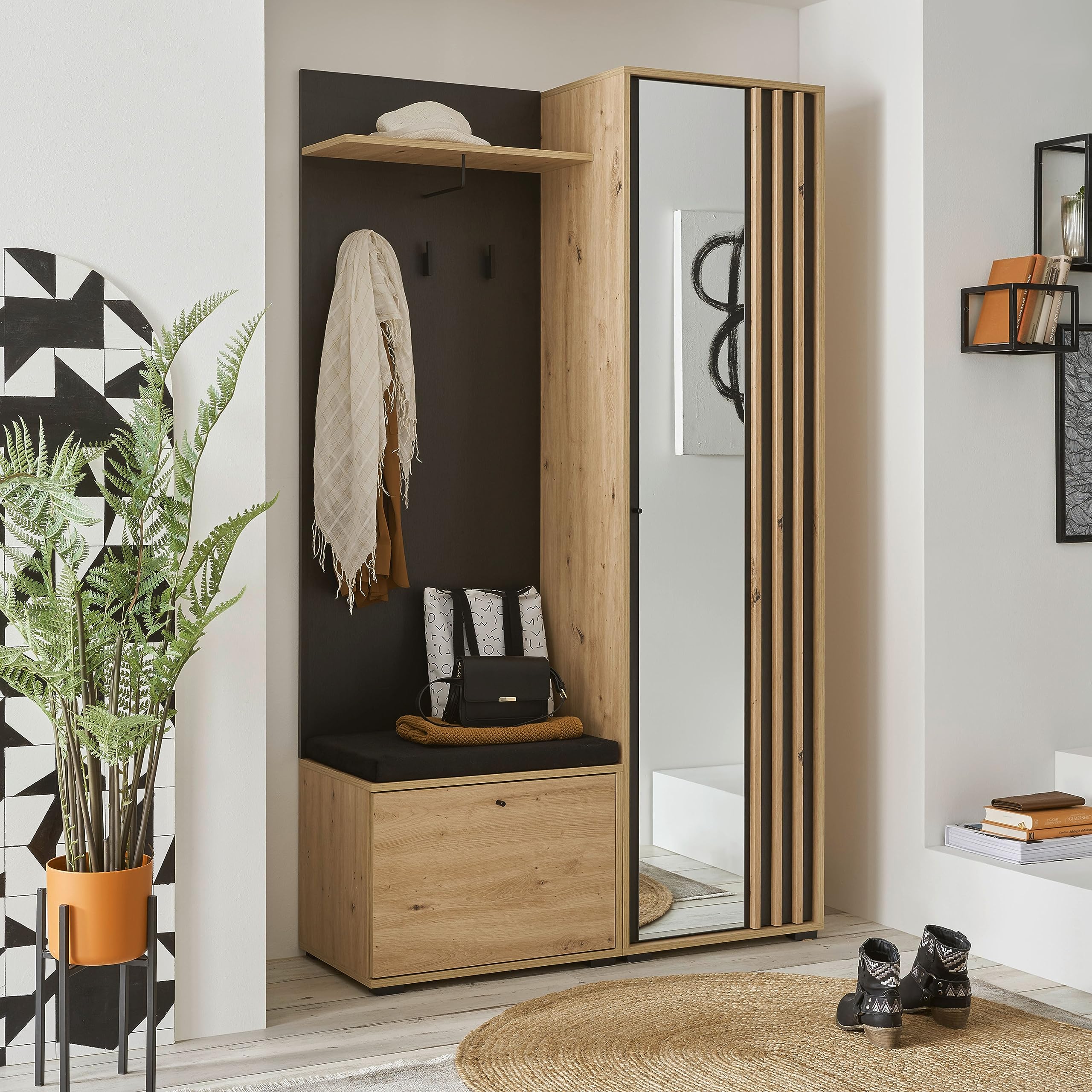 Stella Trading VOLANO Flurgarderoben Set in Artisan Eiche Optik, Schwarz - Moderne Kompaktgarderobe mit Spiegel für Ihren Eingangsbereich - 114 x 197 x 40 cm (B/H/T)