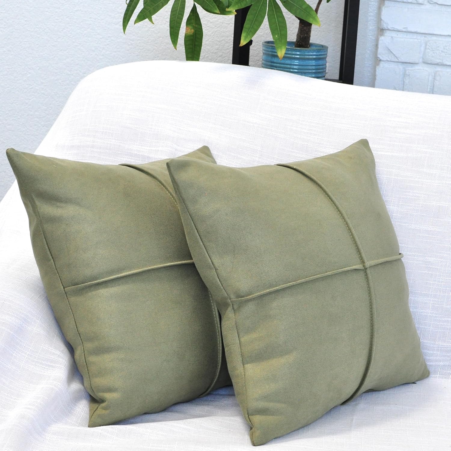 16 x 16 Sage Green Throw Pillow Covers Set of 2 Faux Suede Soft Leather Like Decorative Square Pillowcases for Couch Sofa Couch Chairs Vegan Suede Cushion Covers Rustic Modern Farmhouse Home Decor