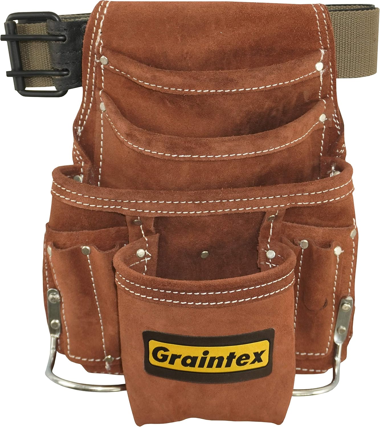 Graintex SS2976 10 Pocket Nail & Tool Pouch Brown Color Suede Leather with 2” Leather/Webbing Belt for Constructors, Electricians, Plumbers, Handymen