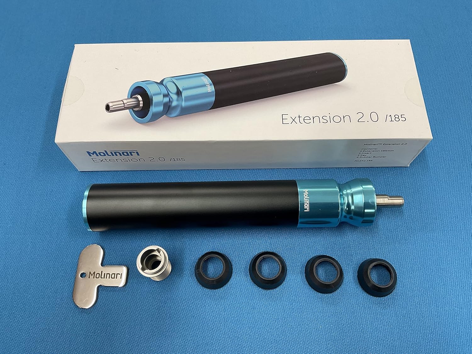 Molinari Cue Extension fits Predator cues, 7 1/4 “ with Adapter, Key, 4 Rubber Bumpers