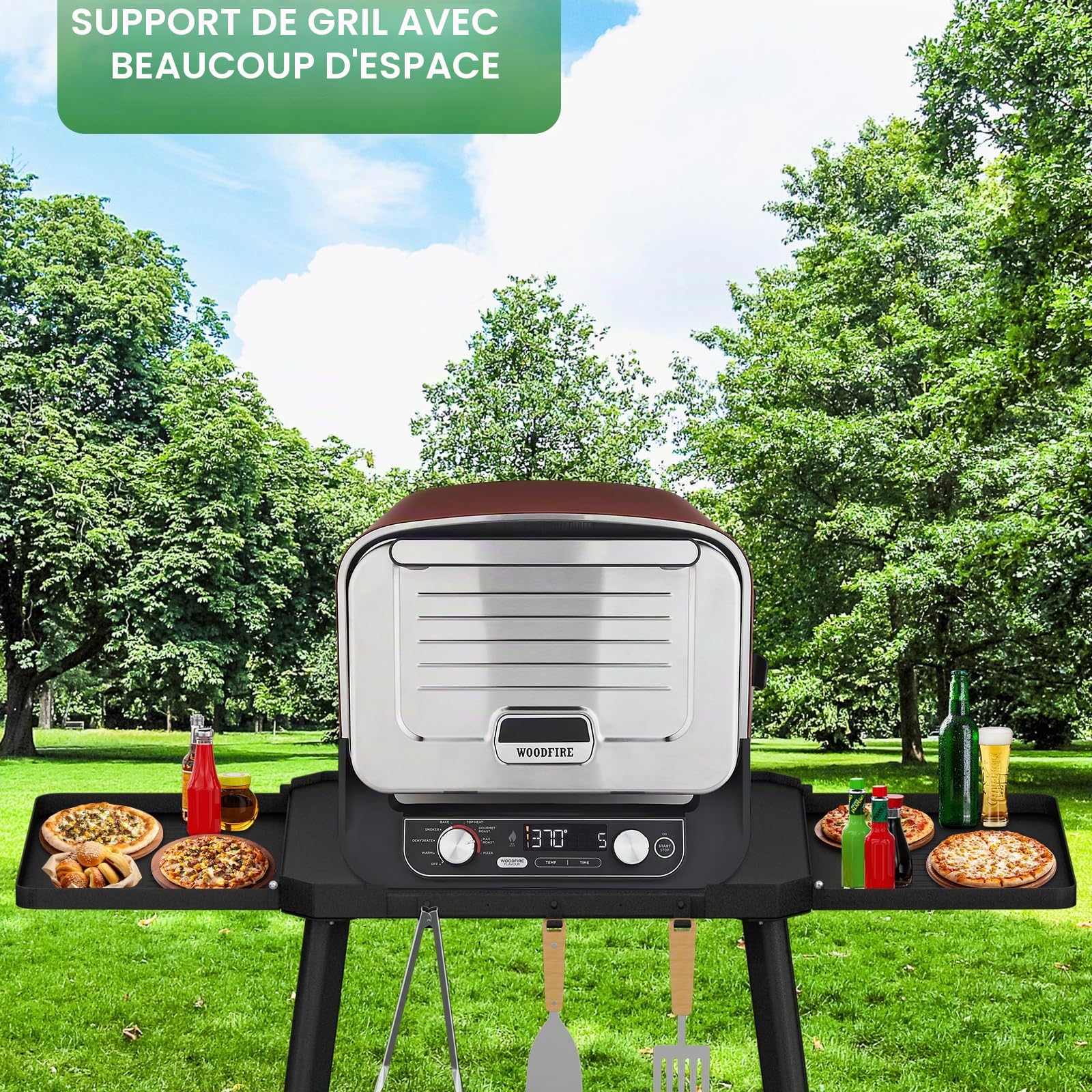 Support de barbecue pour barbecue d'extérieur Ninja Woodfire - Support électrique réglable en hauteur avec double table latérale - Support de four à pizza avec crochets de suspension