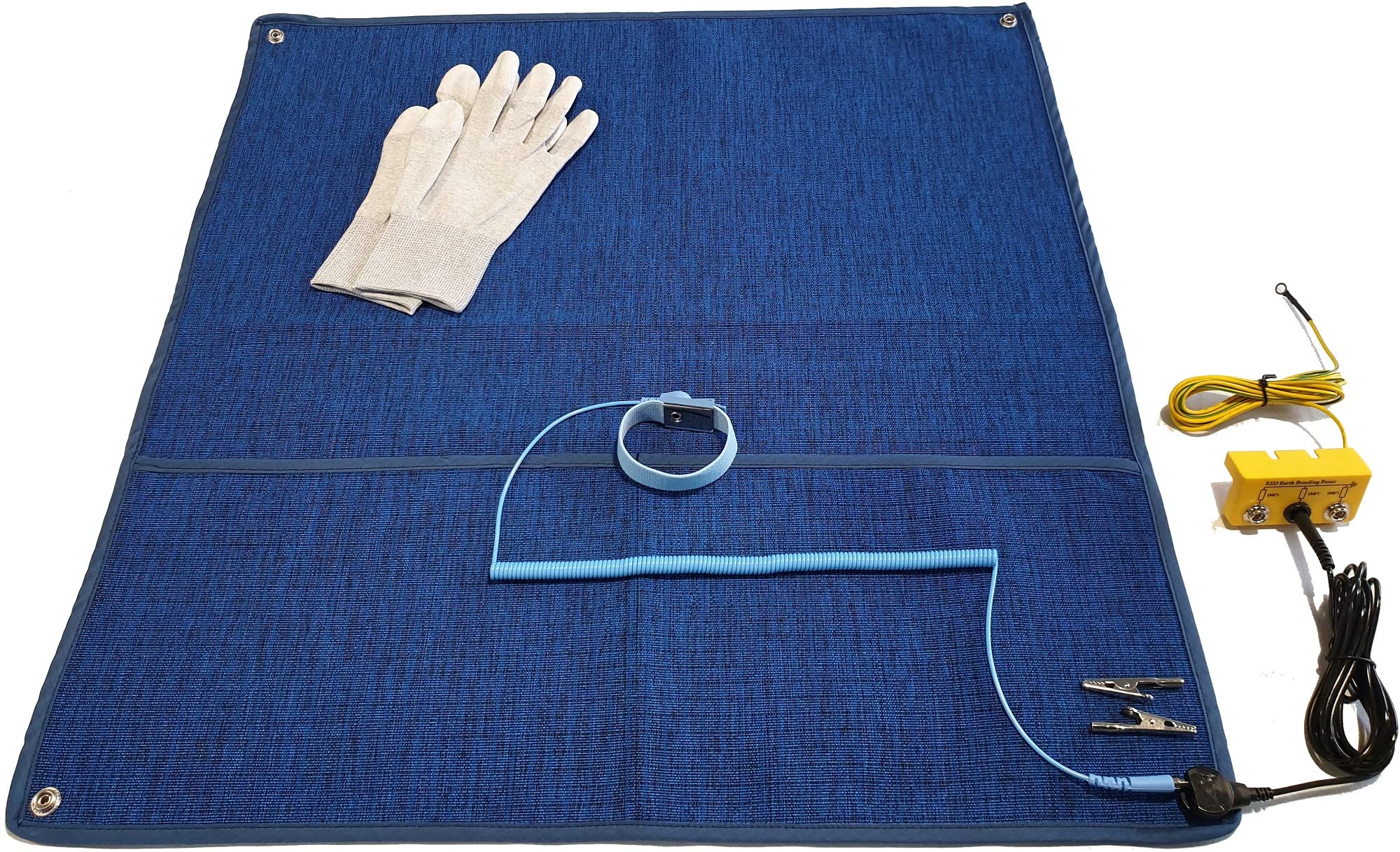 alfombrilla de trabajo antiestática de 60 x 60 cm, tejido ESD antiestático, textil de alta tecnología, sin silicona, juego de manguitos ESD de 2,4 m, caja de toma de tierra, guantes ESD