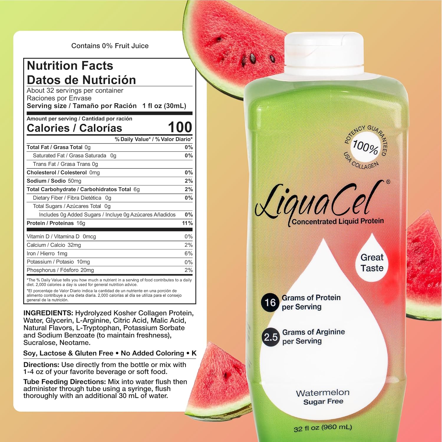 LiquaCel Concentrated Liquid Protein, Watermelon Flavor, Ready-to-Drink, 16g Hydrolyzed Collagen Protein and 2.5g Arginine Per 1oz Serving, Sugar & Gluten Free, Recovery Formula, 32 fl oz Bottle - Image 2