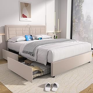 VECELO Queen Size Bed Frame with 4 Drawers, Adjustable Tufted Button Hea...