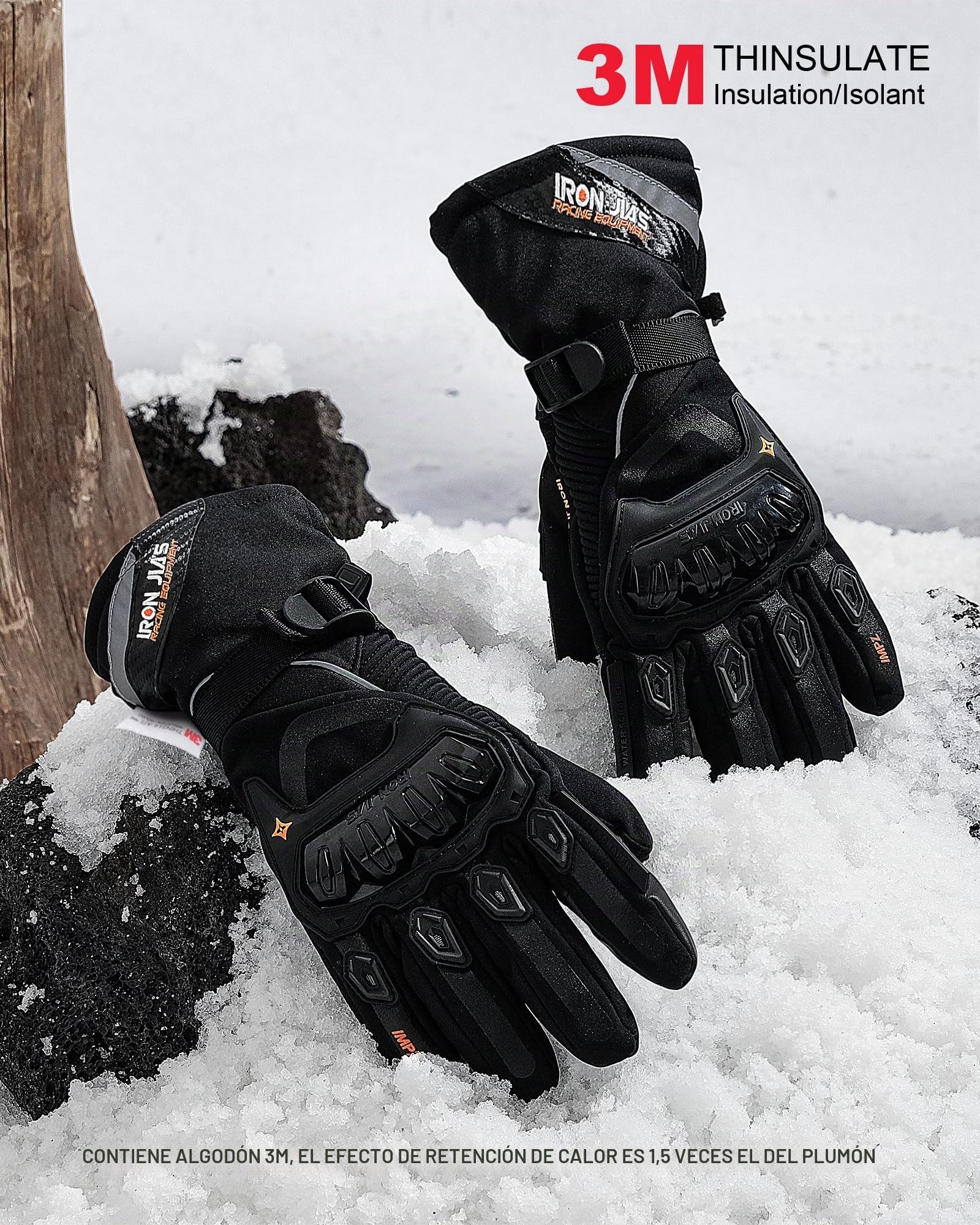 IRON JIA'S Guantes Invierno para Motocicleta para Hombre, Impermeables y Resistentes Level 1 KP al Viento, Ligeros y Cálidos Guantes de Pantalla Táctil, Adecuados para Motociclismo, Esquí-Negro-XL