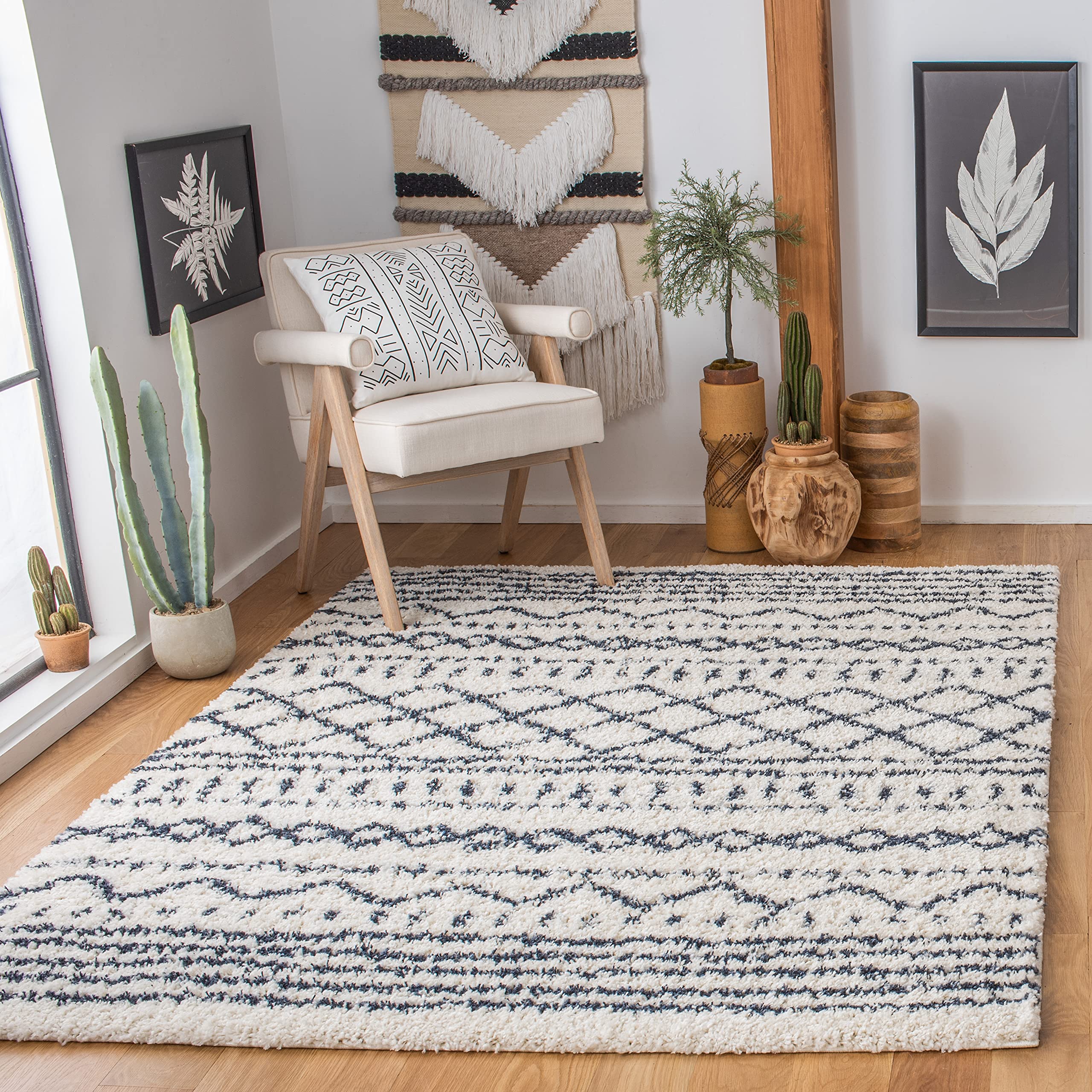 SAFAVIEH Arizona Shag Collection Area Rug - 5'1" x 7'6", Ivory &amp; Slate, Moroccan Boho Design, Non-Shedding &amp; Easy to Clean, Ideal for Living Room, Bedroom, Dining Space (ASG741M)