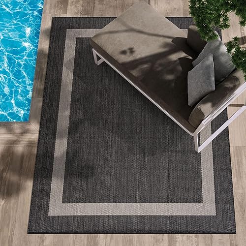 CAMILSON Outdoor Rug 5x7,Modern Outside Rugs for Patios Porches Waterproof Durable Washable Non-Shedding, Easy-to-Clean Indoor Outdoor Area Carpet (5 x 7, Bordered - Dark Gray/Light Gray)