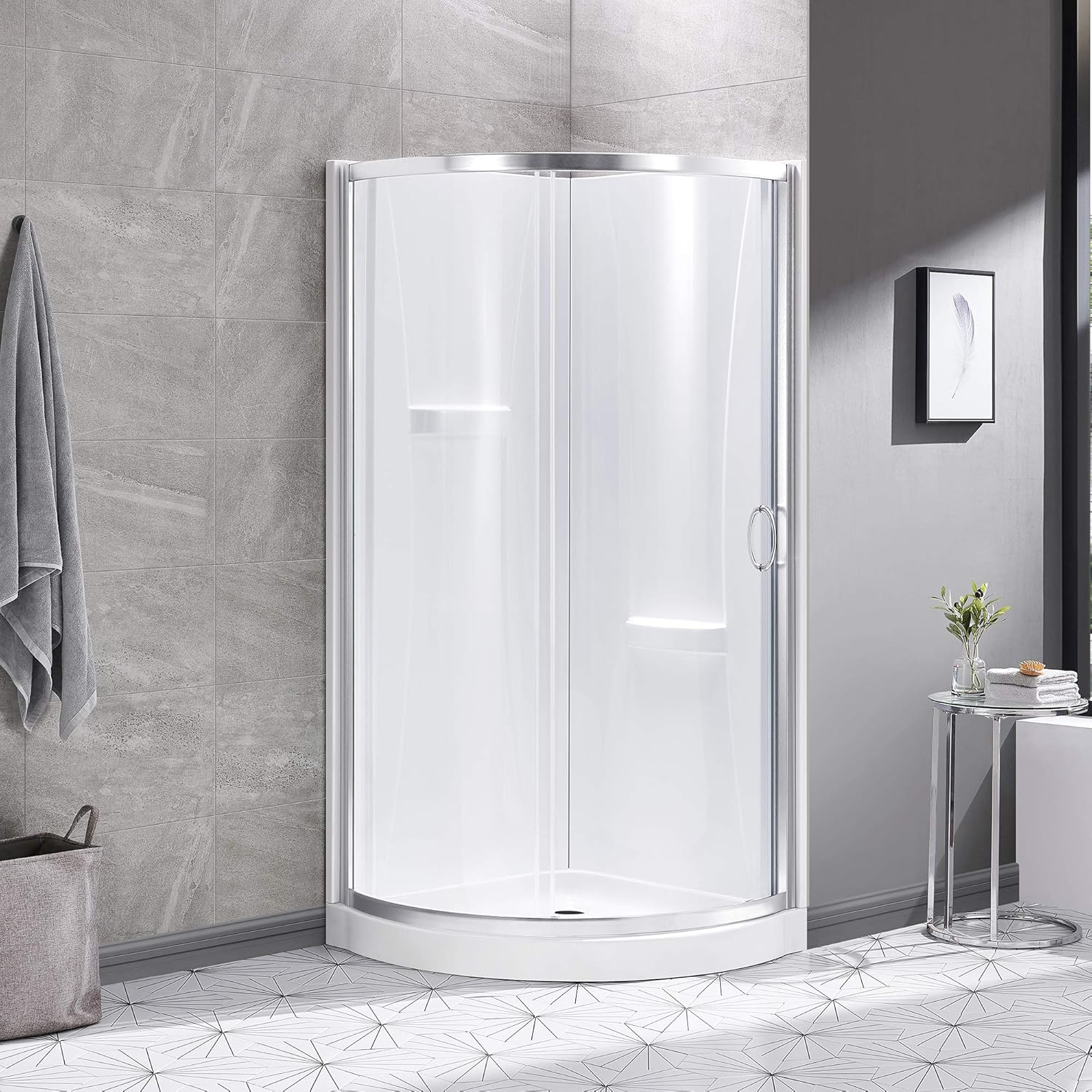 OVE Decors Breeze 34 in. Corner Shower Sliding Door, With Included Walls and Base, Clear Glass and Satin Nickel Finish