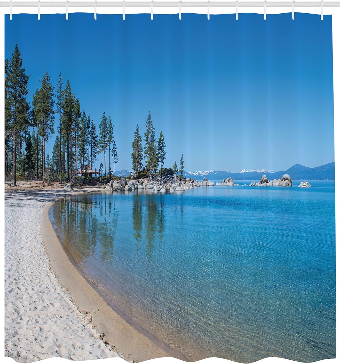 Ambesonne Lake Tahoe Shower Curtain, Clear Water in Shore of Lake Tahoe Idyllic Calming Scene, Cloth Fabric Bathroom Decor Set with Hooks, 69" W x 75" L, Azure Blue Coconut Forest Green