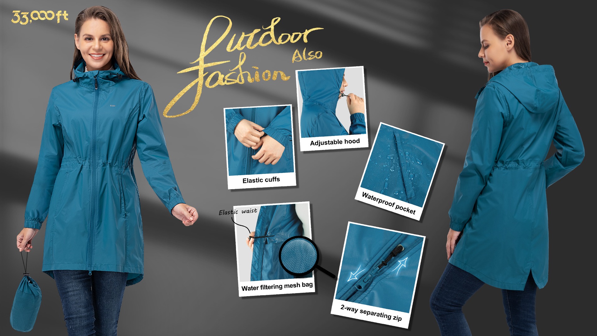 Amazon.com: 33,000ft Women's Waterproof Long Rain Coats Packable