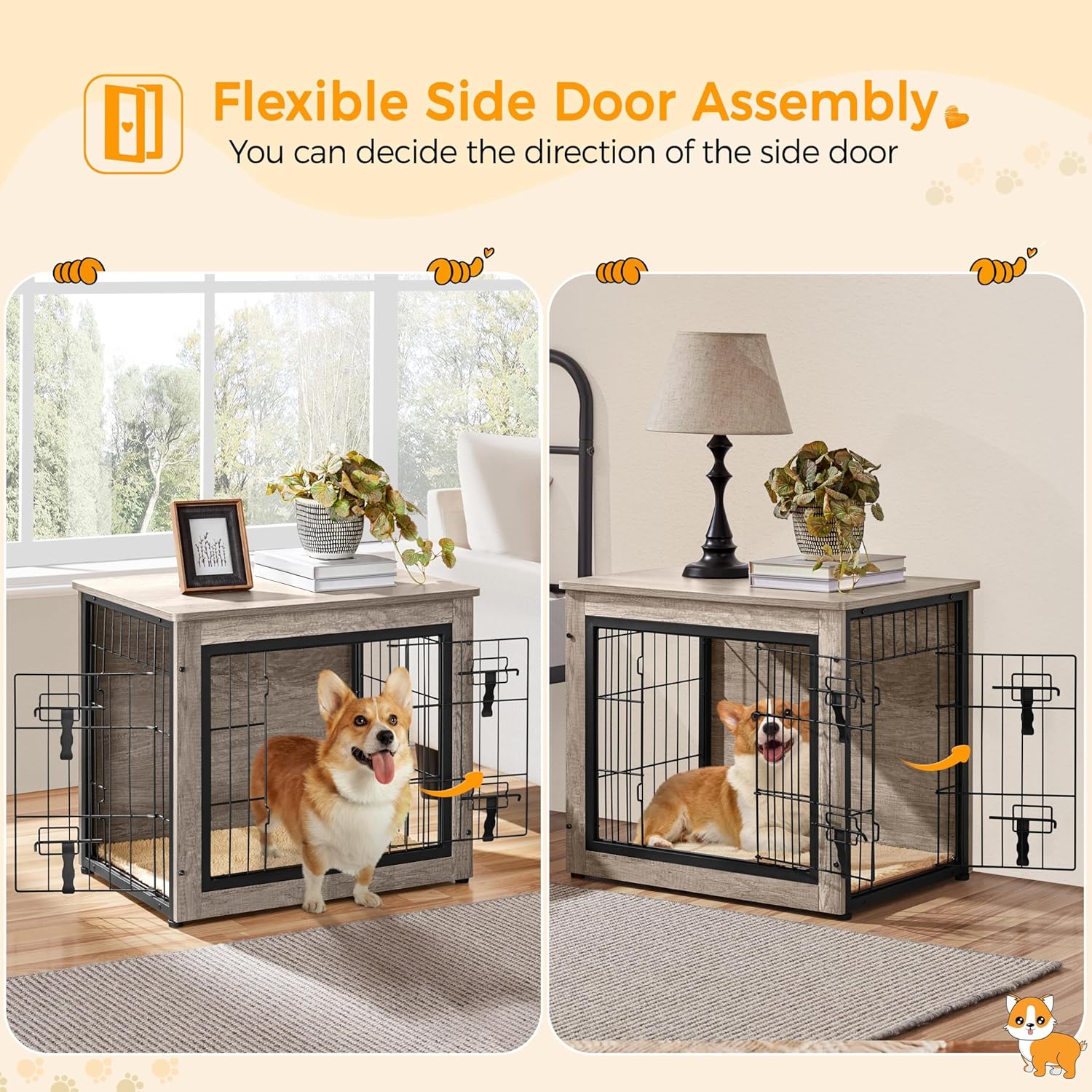 Yaheetech 27.5'' Dog Crate Furniture with Cushion Wooden Dog Crate with Double Doors/Adjustable Feet Side End Table for Small/Medium Dogs, Greige