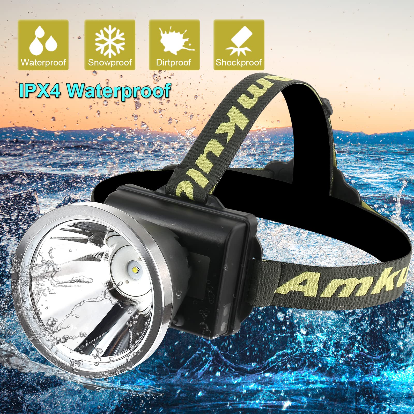 Faro LED súper brillante recargable para adultos, 3 modos de iluminación, reflector de alto lumen para trabajar al aire libre, caza, camping, pesca