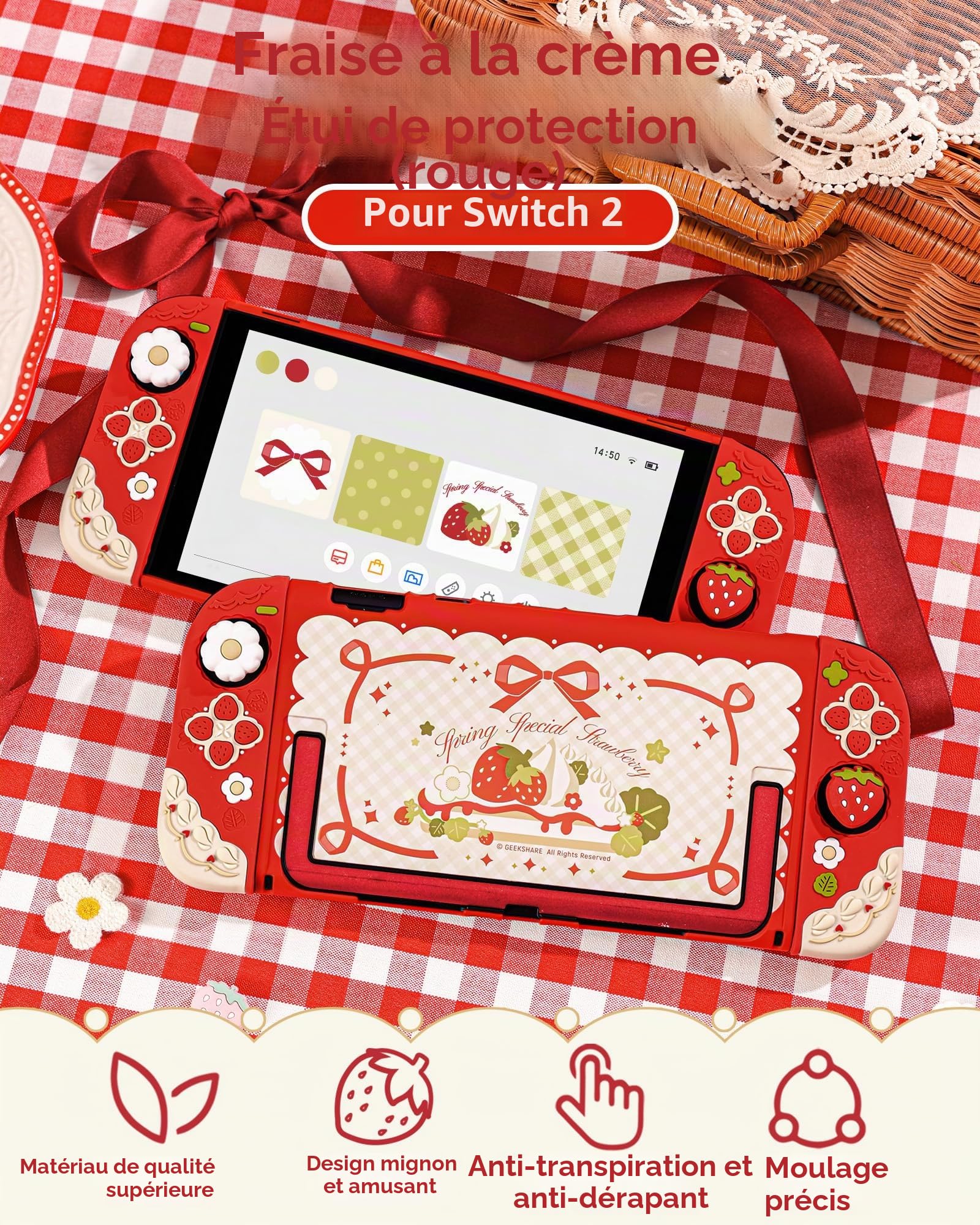 GeekShare Coque de Protection en Silicone Souple Compatible avec Switch 2 Coque Anti-Rayures Compatible avec Switch 2 Coque Amovible avec 2 Capuchons Poignée de Pouce - Fraises avec Crème (Rouge)