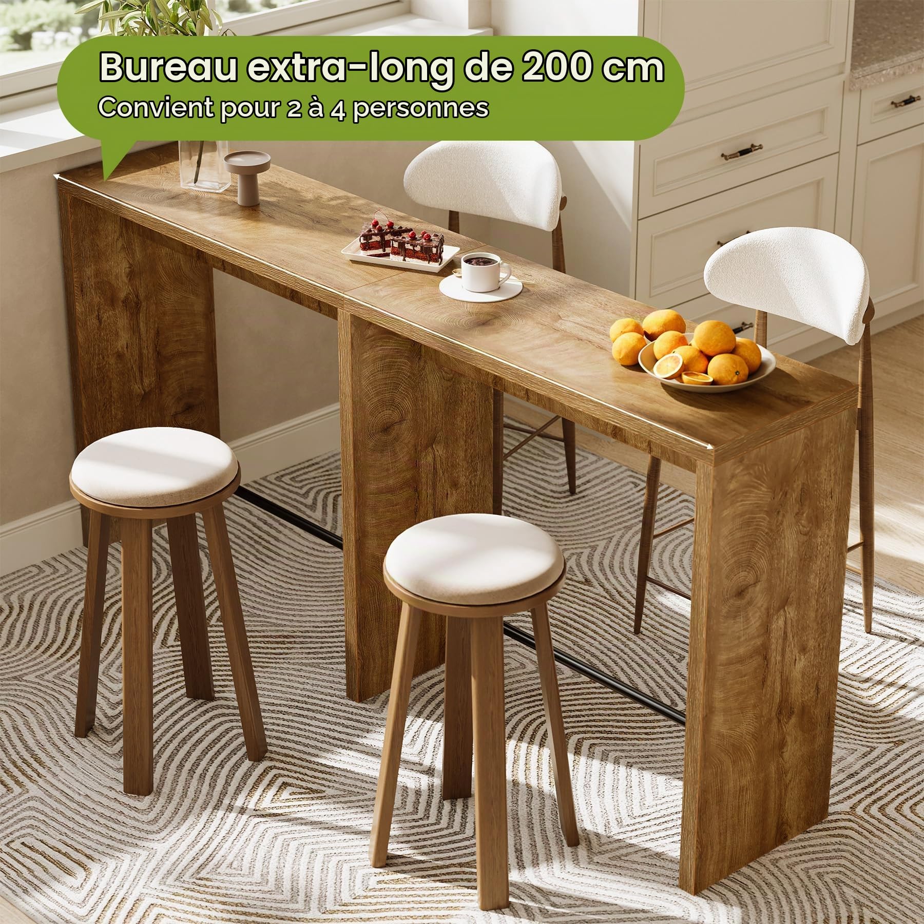 Tribesigns Table de Bar, Table Haute Cuisine, 200 x 39.5 x 95cm, Extra Longue avec Repose-Pieds en Fer Stable pour Cuisine, Salon, Salle à Manger, Couleur Bois