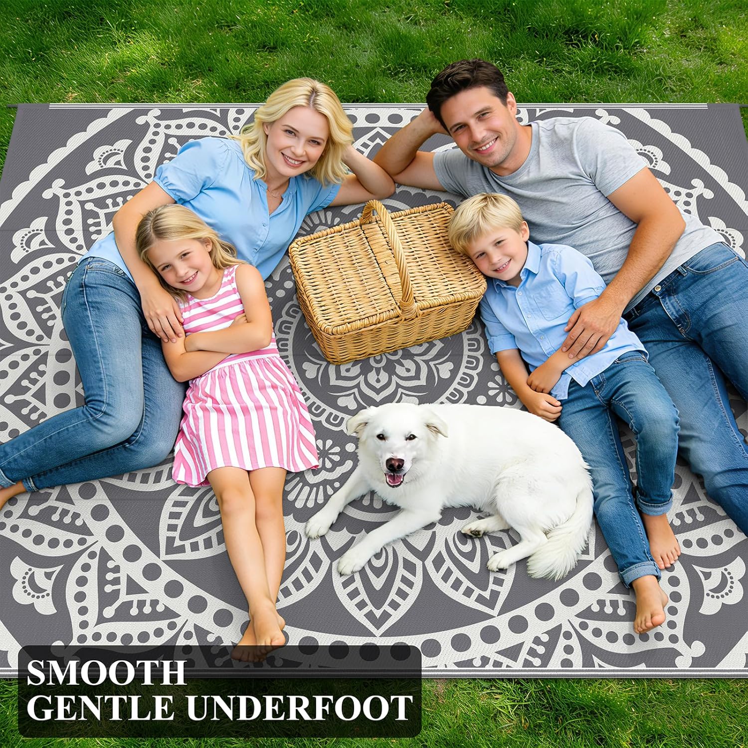 Bsmathom Waterproof Outdoor Rug 8'x10' Reversible Boho Plastic Straw Patio Deck Camping Rugs, Indoor Outdoor Portable RV Mat Clearance Carpet for Outside, Porch, Balcony, Backyard, Beach, Pool,Grey