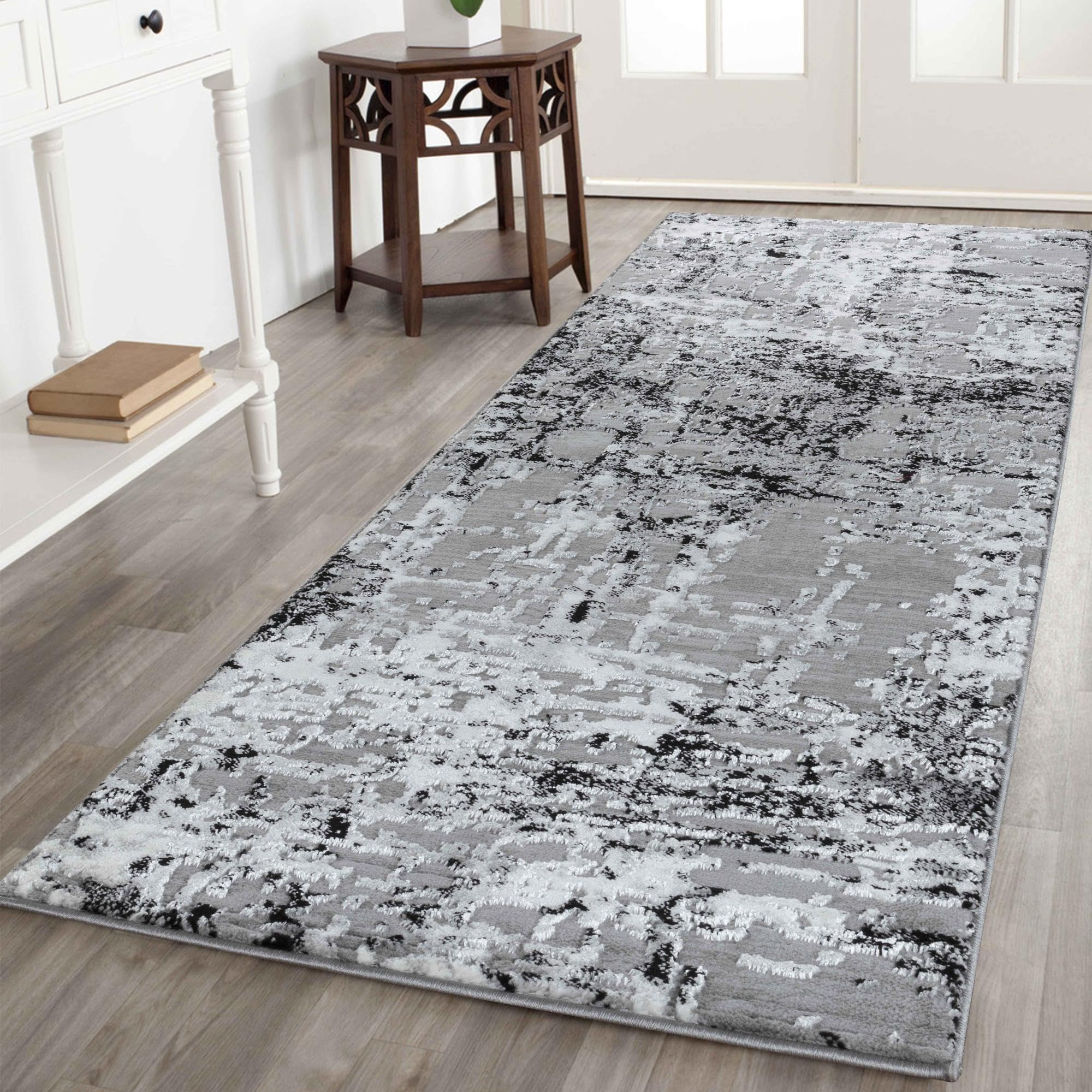 Desire Rugs Serenity Black Abstract Lines Rug 60 x 220cm - Soft Pile - Metallic Sheen