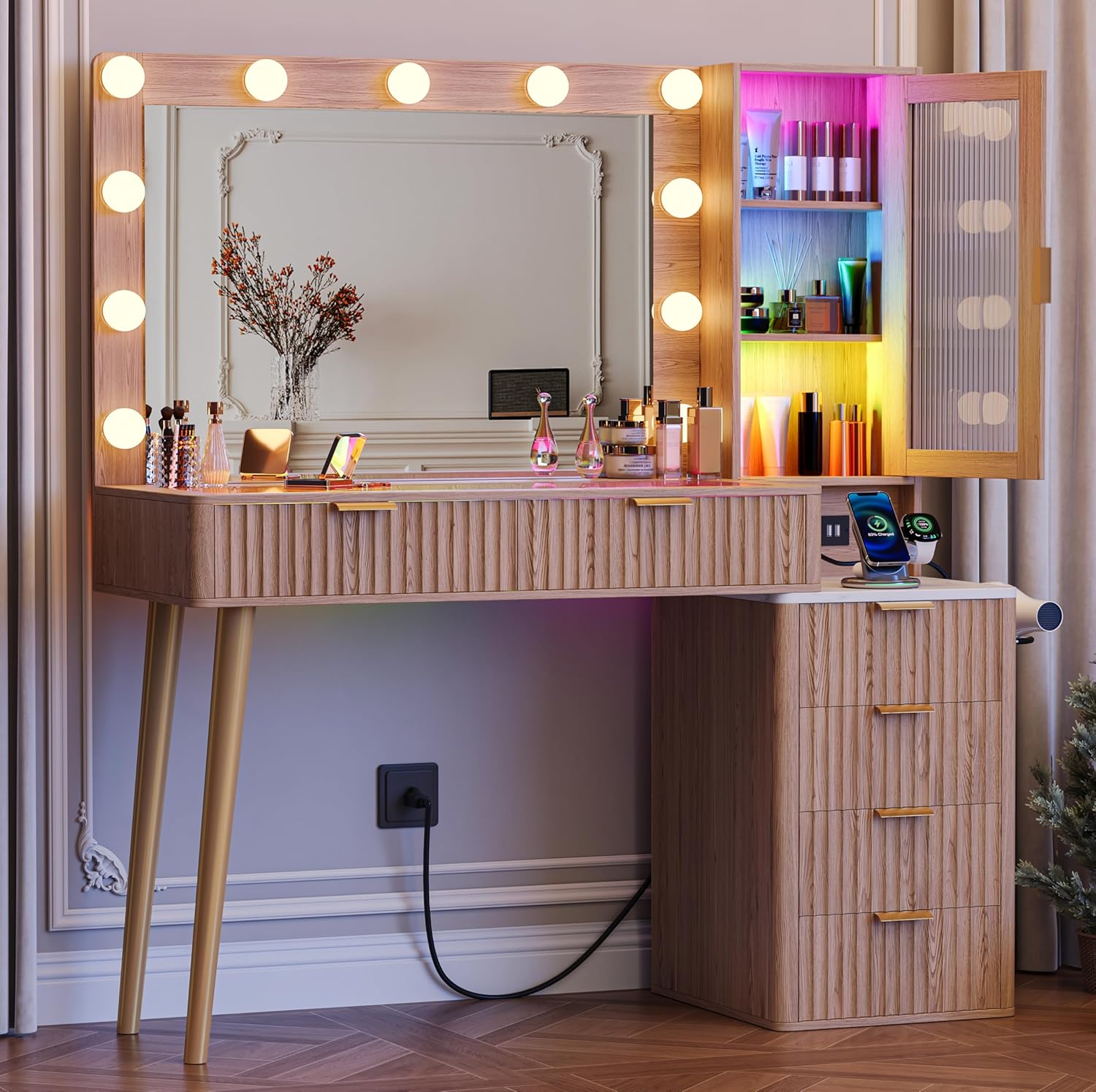 Vanity Desk with Mirror and Lights, Makeup Vanity with Power Outlet, 3 Color Adjustable Brightness, 6 Drawers Makeup Table with Glass Top, for Women and Girls, Bedroom