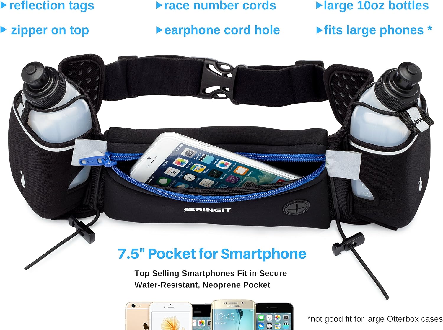 Running Belt with Water Bottles | Running Hydration Belt has Water Resistant Waist Pack to Fit iPhone, Samsung, Android, etc | Adjustable Belt | 10oz Bottles | Attach Race Number | Hiking & Cycling