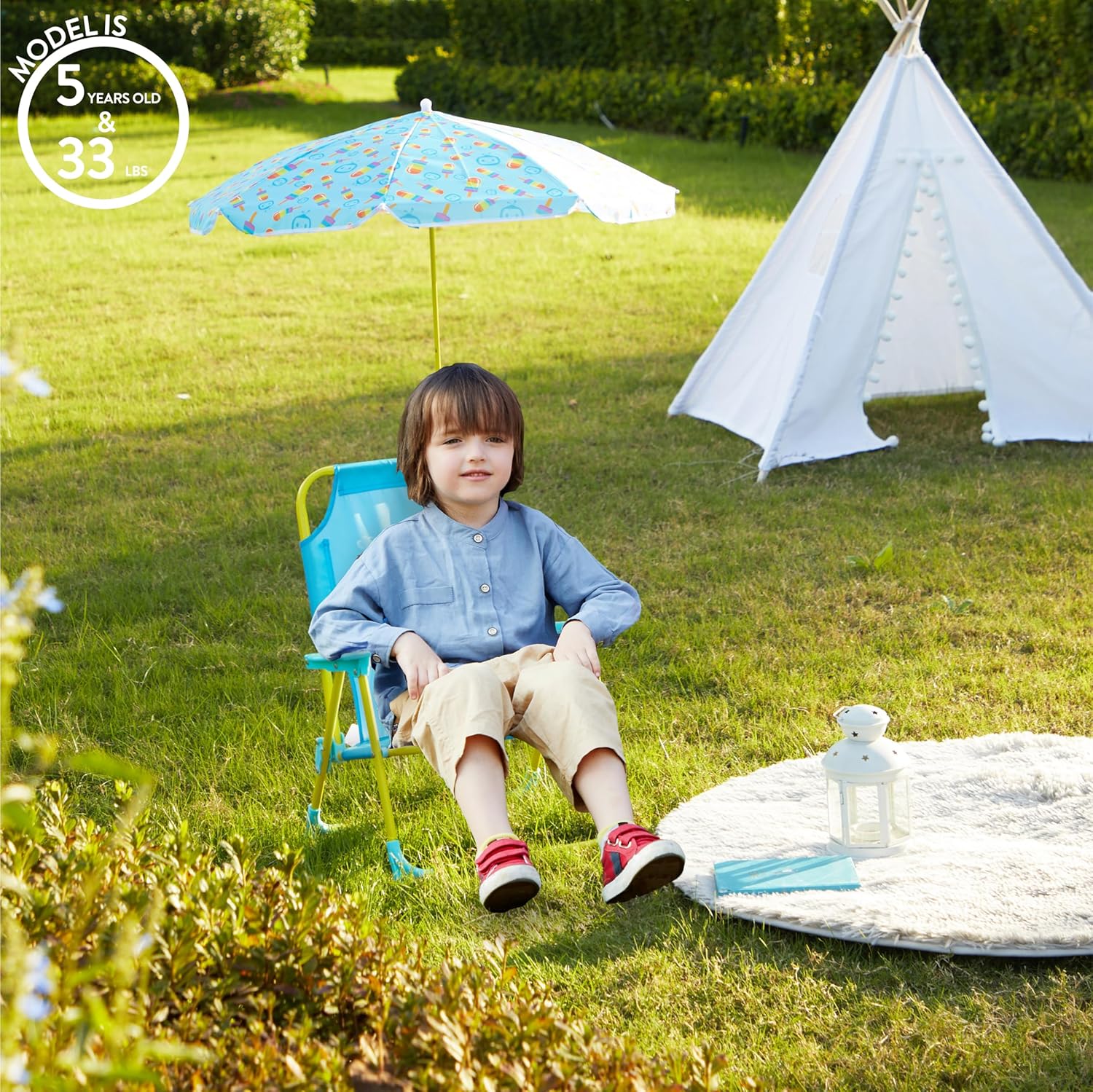 CoComelon Kids Folding Beach Chair with Umbrella – Outdoor Portable Chair for Ages 3+, Lightweight with Safety Lock, Perfect for Beach, Park, or Backyard