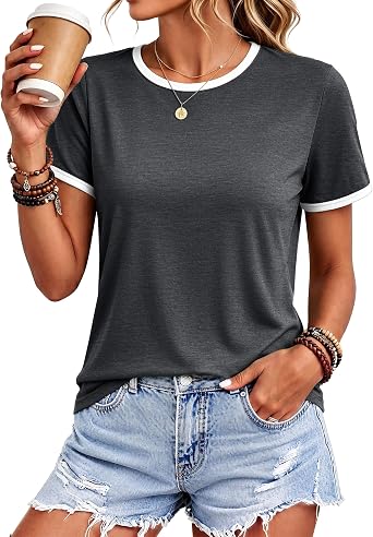 YUCOLEN Womens Short Sleeve T-Shirts Ringer Tee Color Block Summer Tops