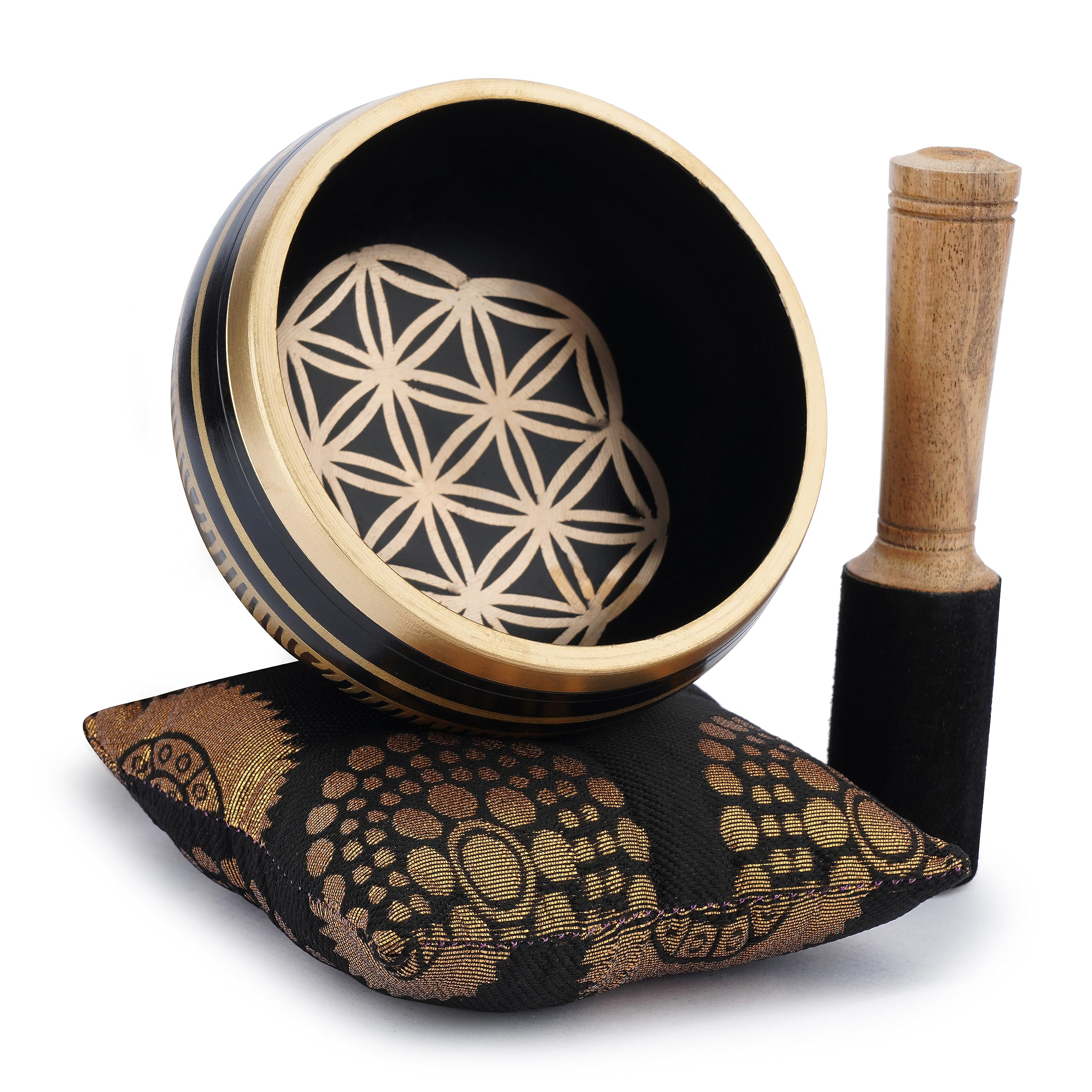 Ajuny Tibetan Singing Bowl Set Handmade Brass Sound Bowl with Mallet & Cushion Flower of Life Design Meditation Yoga Mindfulness & Chakra Healing Therapy Stress Relief Gift (Gold/Black, 4 In)