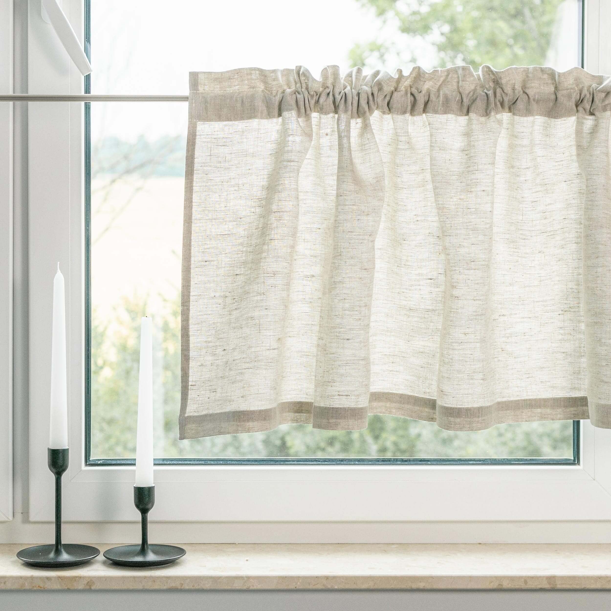 Scheibengardine aus Leinen | Bistrogardinen Kurzgardine Leinen | Scheibengardinen Blickdicht Landhausstil Küche Badezimmer Schlafzimmer Beige 140(B) x45(H) cm