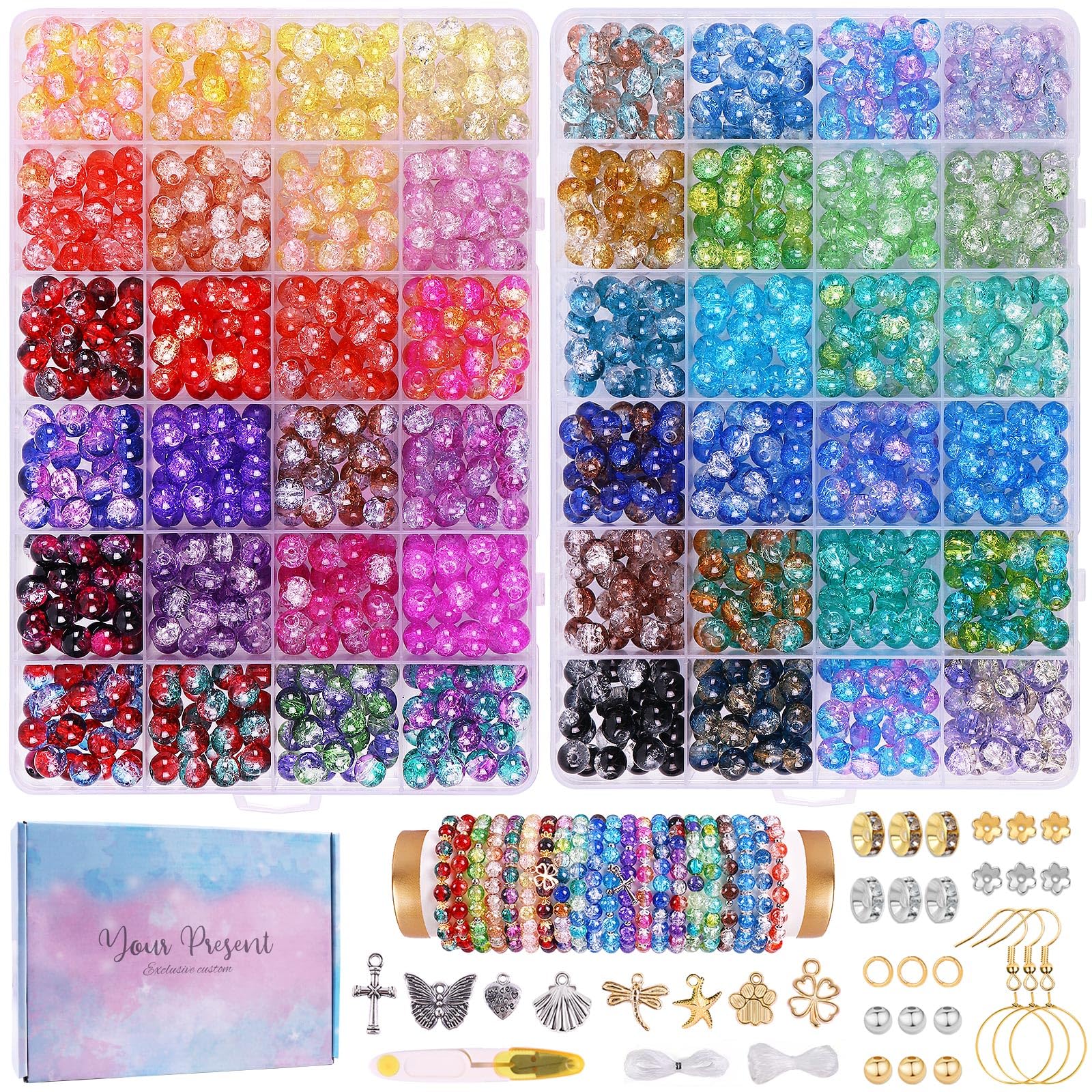 1800PCS 8mm Crackle Glass Beads Bracelet Making Kit, 48 Colors Glass Beads for Jewelry Making, Round Crystal Beads for Bracelets, Friendship Bracelet kit for DIY Crafts Gifts, 2 Box (Crackle Colors)
