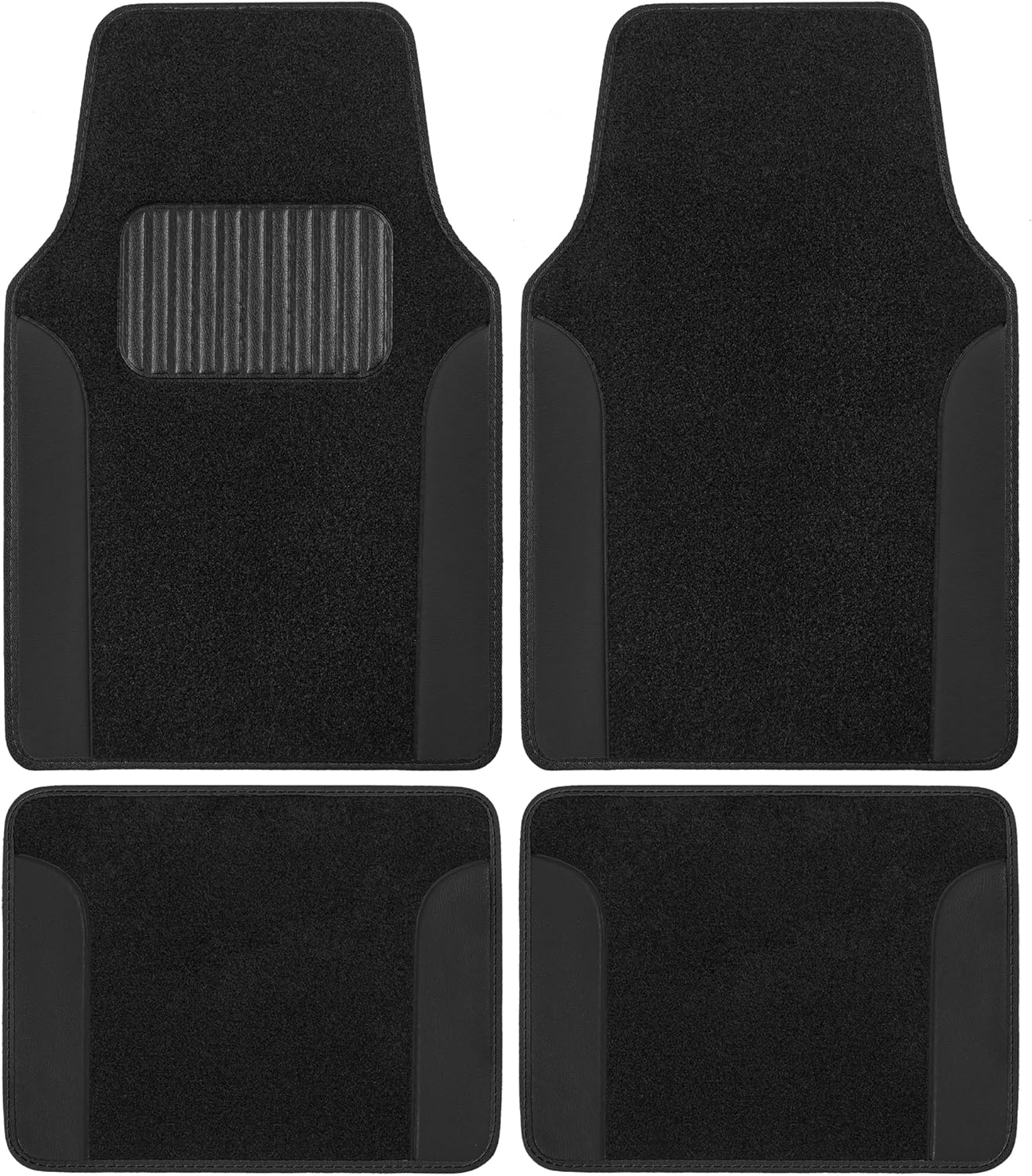 BDK Floor Mats for Cars, Two-Tone Carpet with Faux Leather Accents, Automotive Floor Mat Set with Built-In Heel Pad, Stylish Interior Car Accessories (Black) All Black Floor Mats