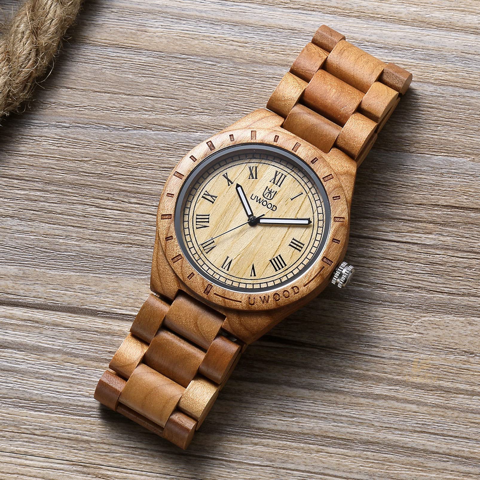 Reloj de Madera único de Peso Ligero para Hombre, Serie Uwood Hecho a Mano de sándalo analógico de Cuarzo Vintage número Romano Reloj de Pulsera de Madera Natural