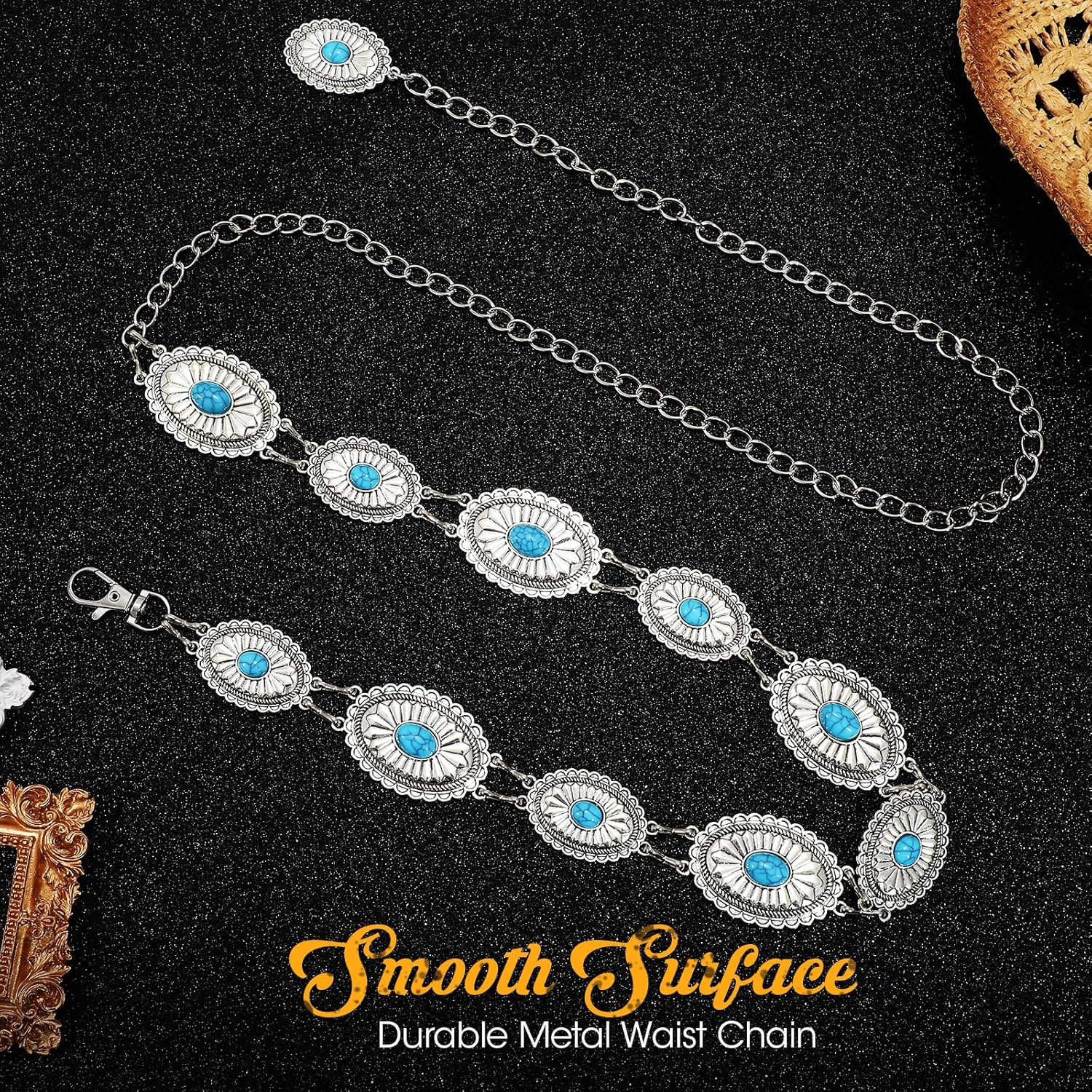 SANSTHS Western Metal Concho Belt for Women, Waist Chain Cowgirl Belt for Dresses Jeans Pants with Gold Chain - Image 2