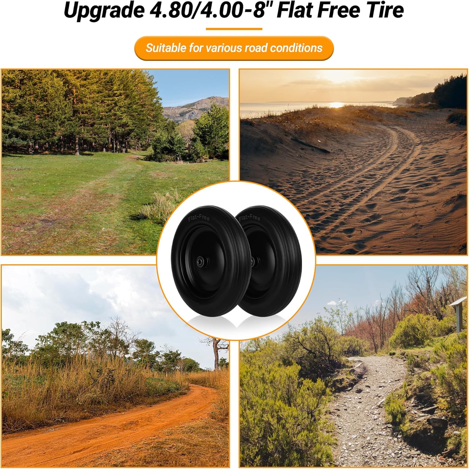 4.80/4.00-8 Flat Free Wheelbarrow Tire with 5/8 & 3/4 Bearing 3" -7" Centered Hub for Garden Cart Ribbed Tread Foamed Polyurethane Tire by NISHCON - 2 Pack