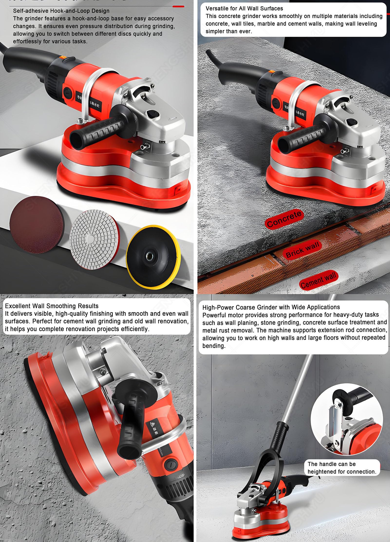 Lijadora de hormigón portátil de tres cabezales para pared y suelo con varilla de extensión y 3 discos de diamante para molienda de cemento