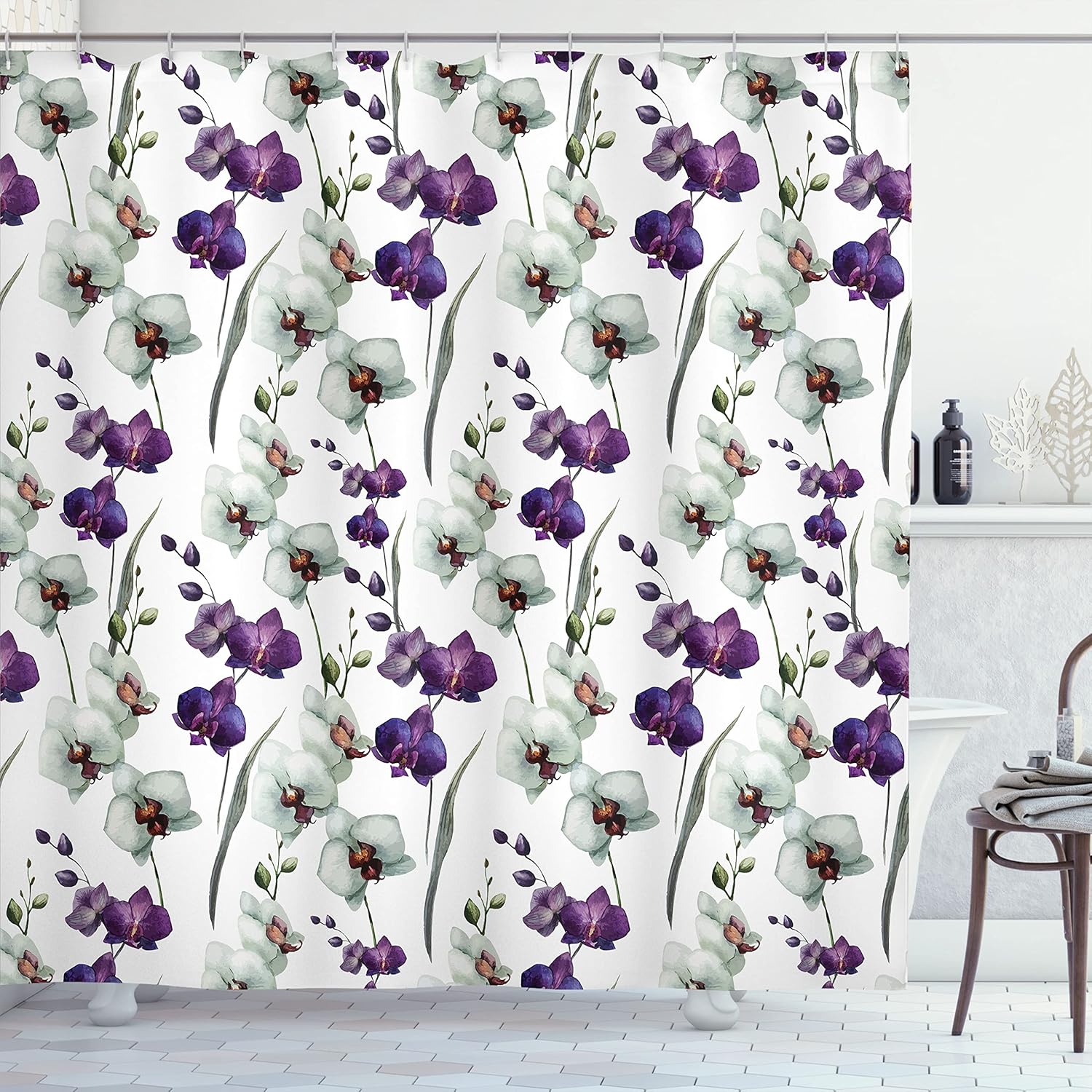 Ambesonne Watercolor Flower Shower Curtain, Wild Orchid Family Flowerpot Plants with Blooms Romantic Floral Art, Cloth Fabric Bathroom Decor Set with Hooks, 69" W x 70" L, Purple White