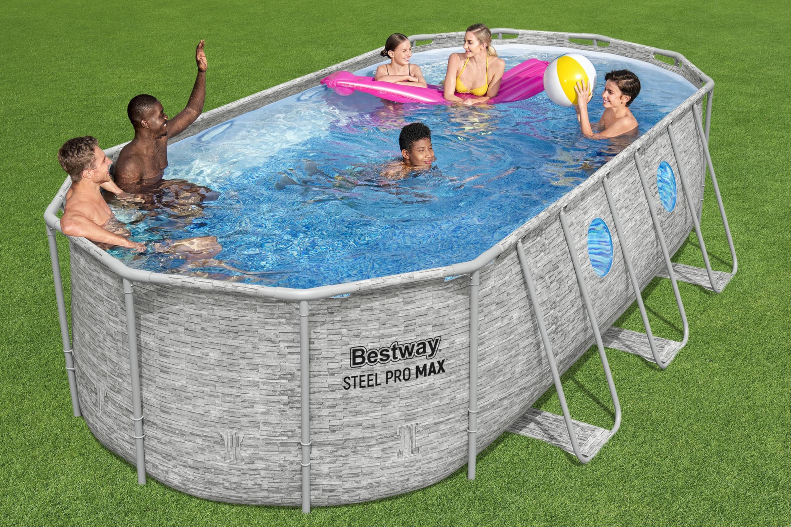 Bestway Power Steel Swim Vista Series Frame Pool Komplett-Set mit Filterpumpe 549 x 274 x 122 cm, Steinwand-Optik (Cremegrau), oval
