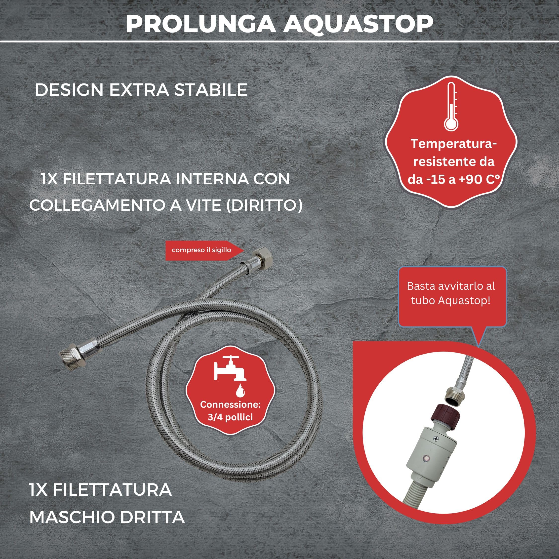 LICHTBLAU Estensione Aquastop in acciaio inox antipiega, 1,5m, attacco 3/4", per lavatrice e lavastoviglie, tubo corazzato dritto/dritto, con guarnizione, universale utilizzabile