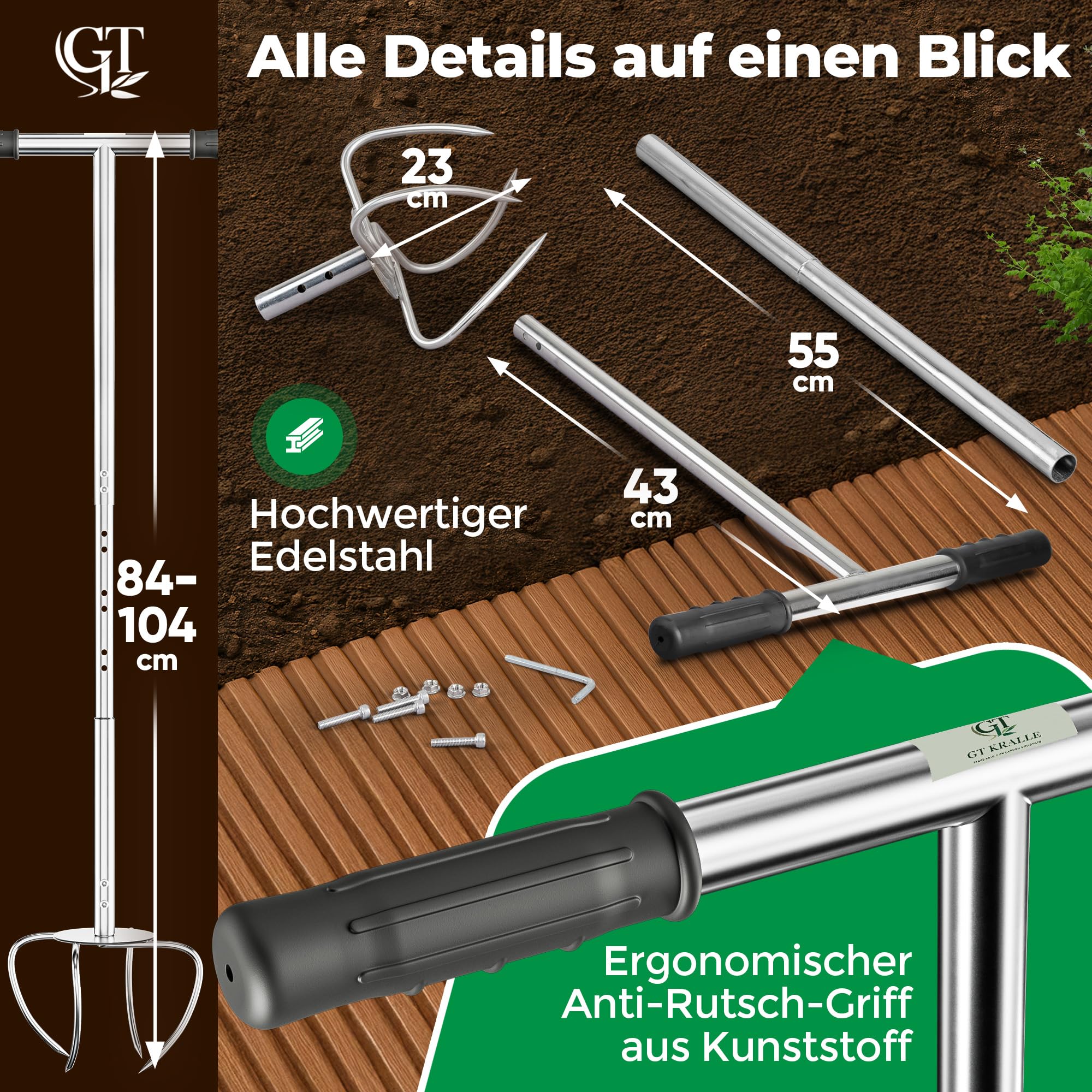 Garra de jardín con mango ajustable en altura y ergonómico | Extractor de malezas de acero inoxidable para jardinería | GT Kralle