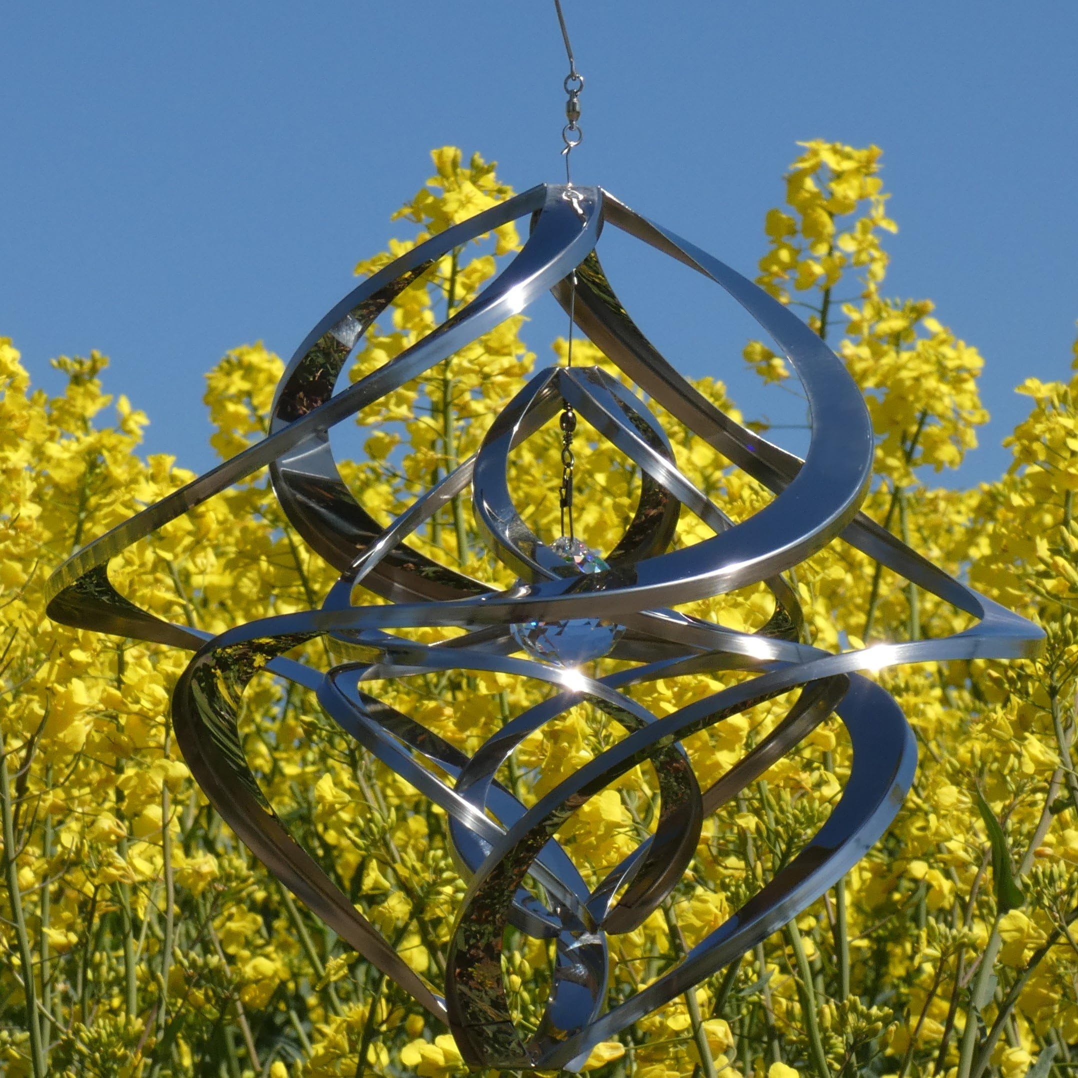 Pommerntraum ®| Windspiel Edelstahl Double-Twister Kristall Unruhe Rostfrei | Edelstahlwindspiel Gartendekoration Gartenkunst Twister Hängewindspiel Sonnenfänger Hurrikan Spinner (40 cm mit Kristall XXL)