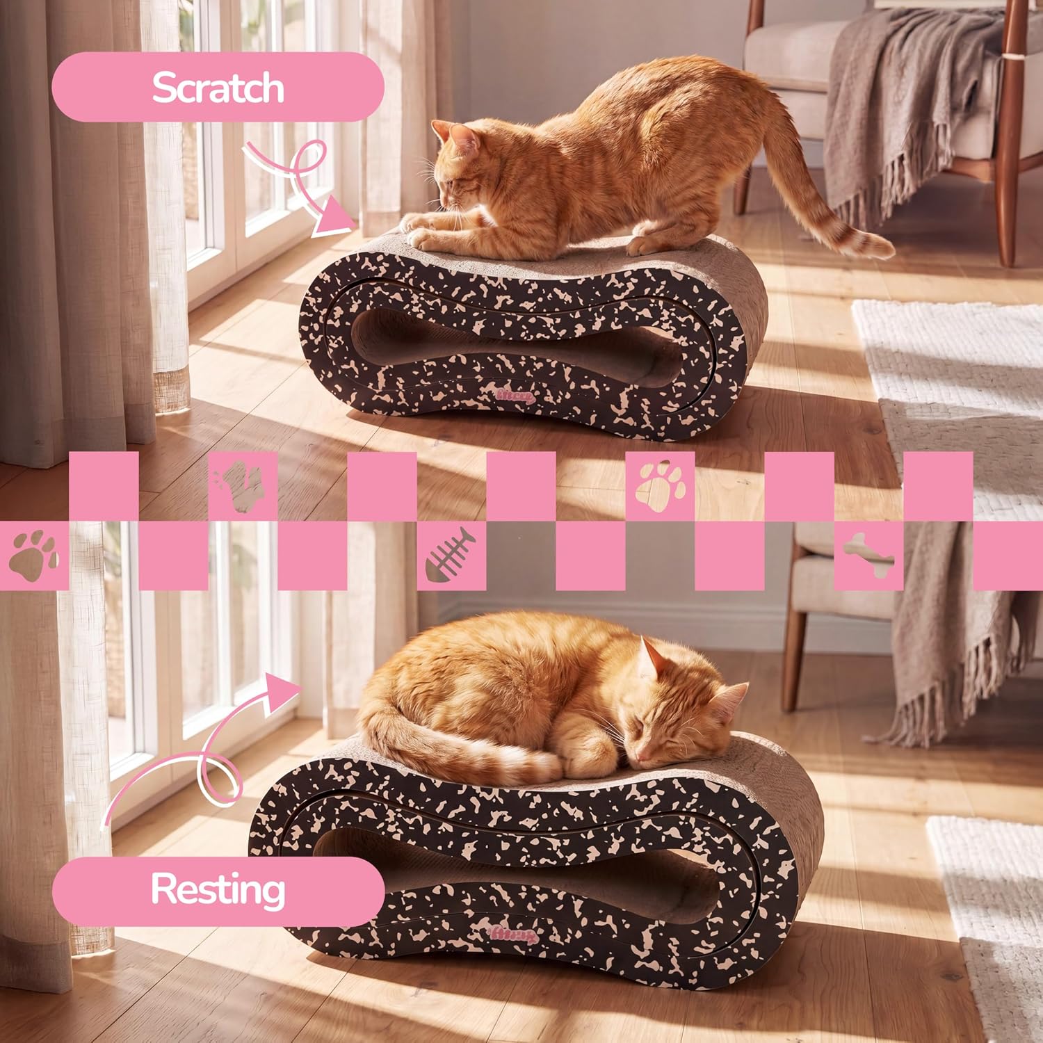 Suvi 26" Modern Cardboard Infinity 2-in-1 Lounge Bed Cat Scratcher with Catnip, Black and White Composition Notebook, Corrugated Scratching Surface and Tunnel for Indoor Cats CSR1014G