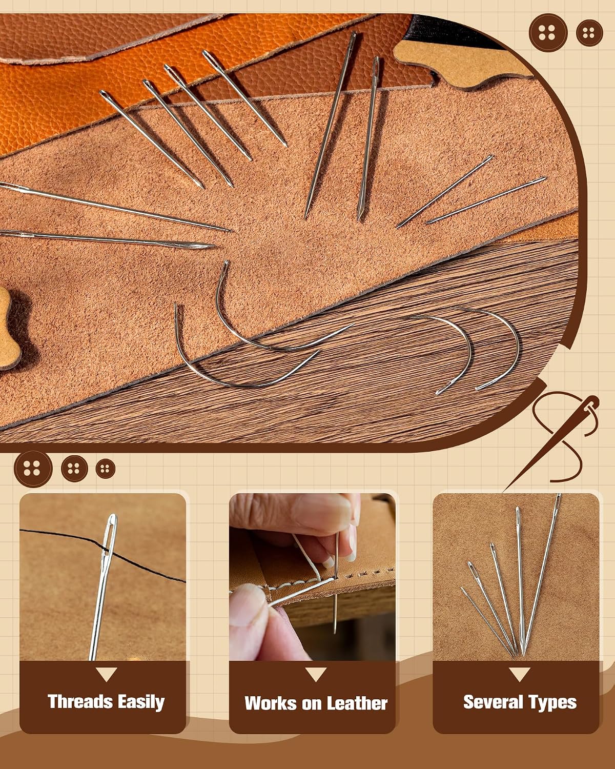 FIVEIZERO Upholstery Repair Sewing Kit, Leather Sewing Kit, 126 Yards Upholstery Thread&7Pcs Heavy Duty Needles, Leather Thread, Curved Needles for Quilting & Hand Stitching (3 Colors)
